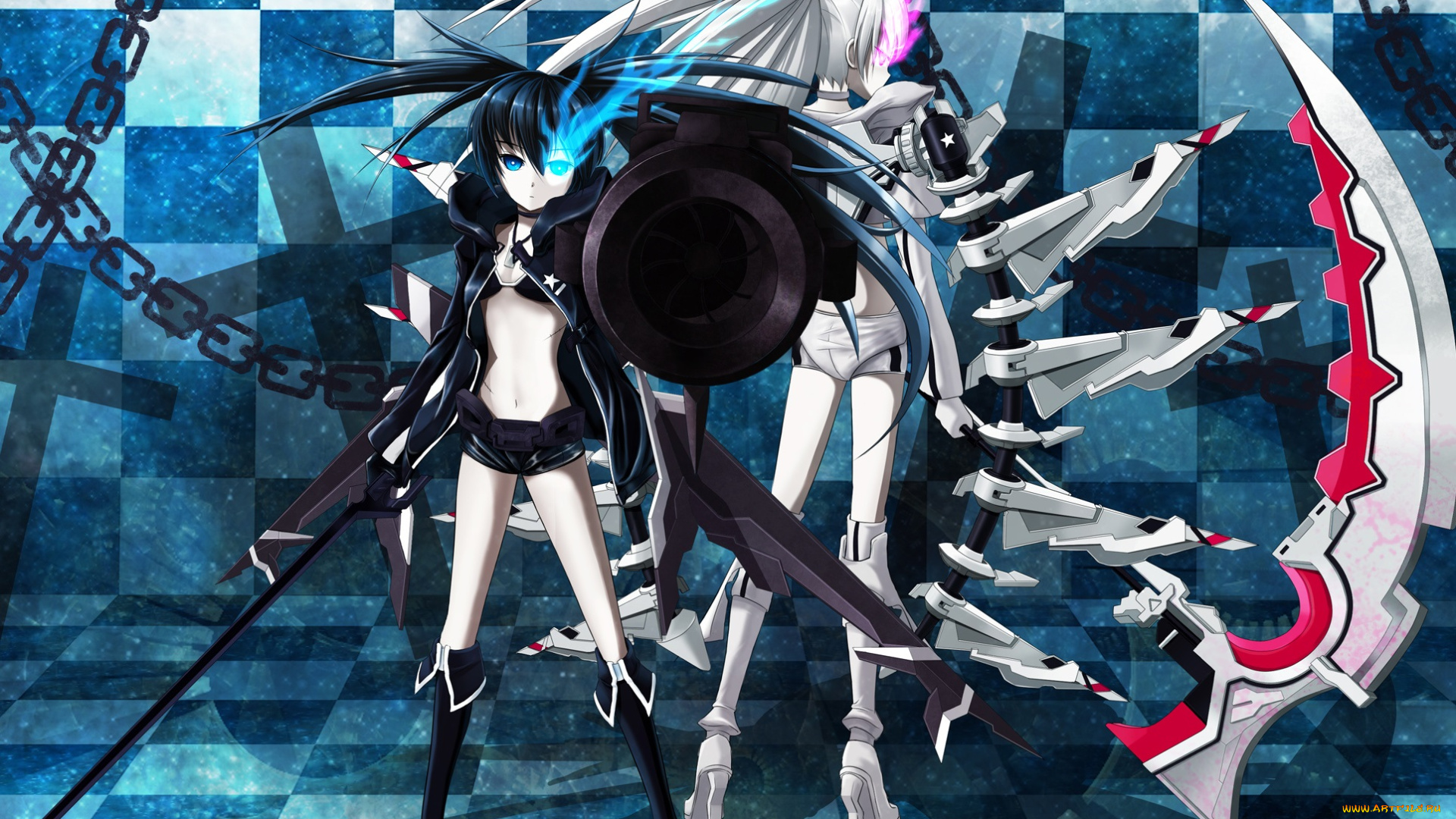 аниме, black, rock, shooter, white, rock, shooter, kuroi, mato, оружие, коса, девушки, shinebell