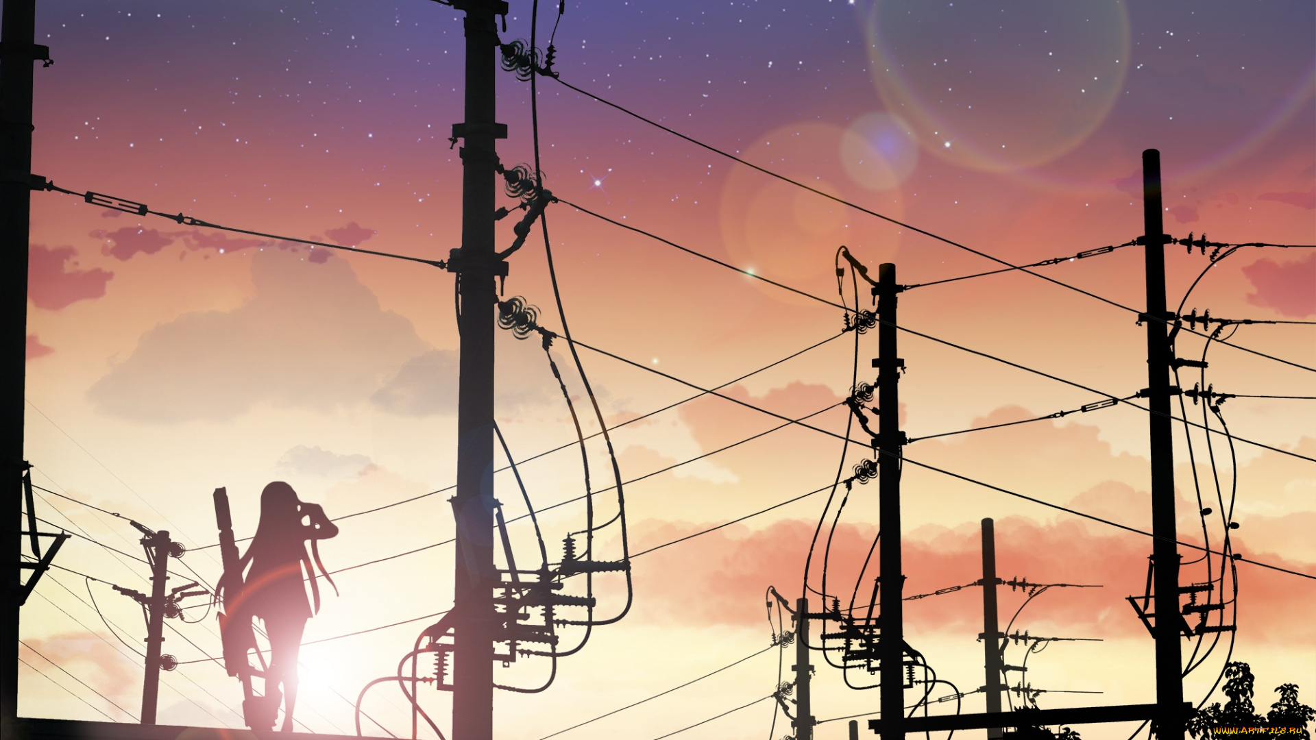 аниме, оружие, , техника, , технологии, dk, senie, небо, девушка, электричество, столбы, арт, силуэт, вечер