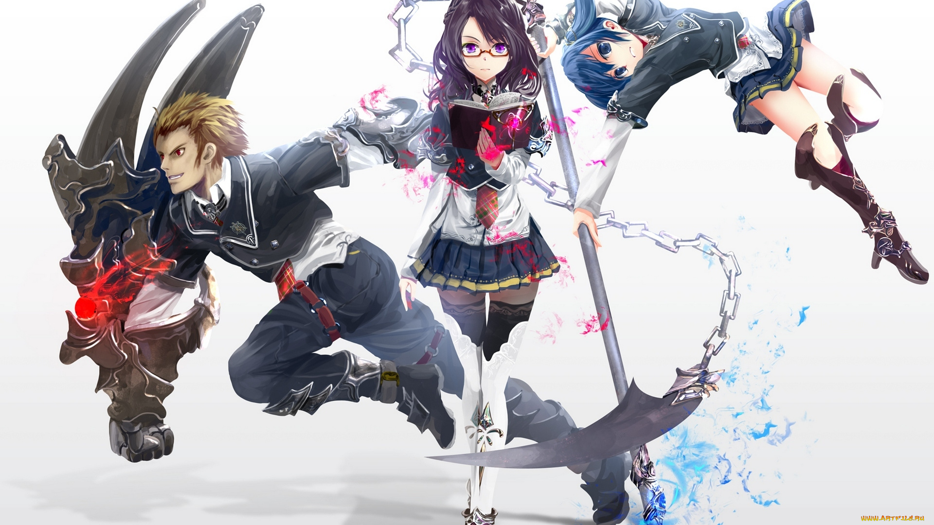 аниме, оружие, , техника, , технологии, парень, девушки, очки, astral, reverie, магия, книга, коса, цепь, kouji, арт