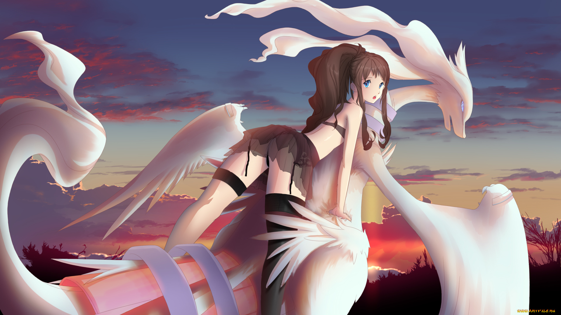 аниме, pokemon, взгляд, девушка, дракон, фон