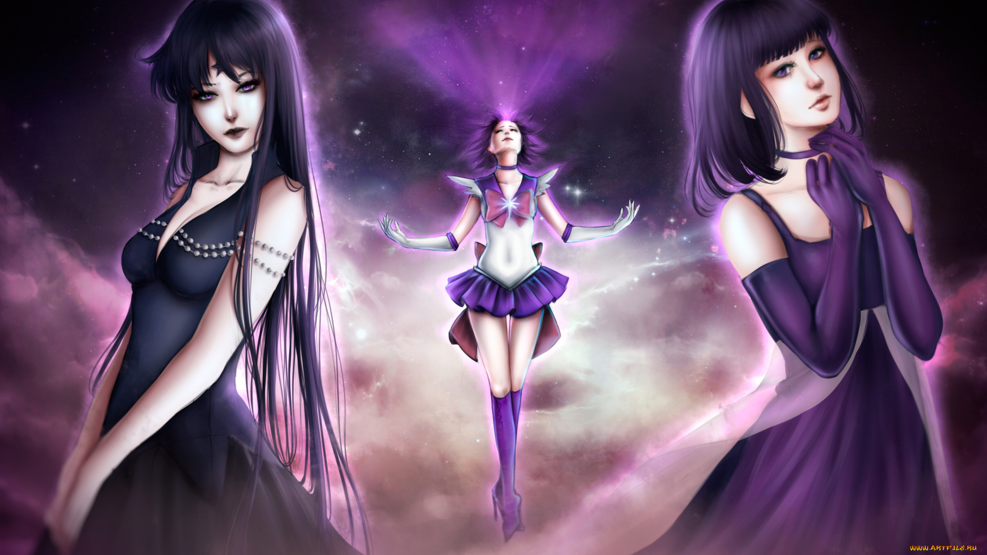 аниме, sailor, moon, небо, tomoe, hotaru, девушка, sailor, saturn, bishoujo, senshi, moon, бант, форма, звезды