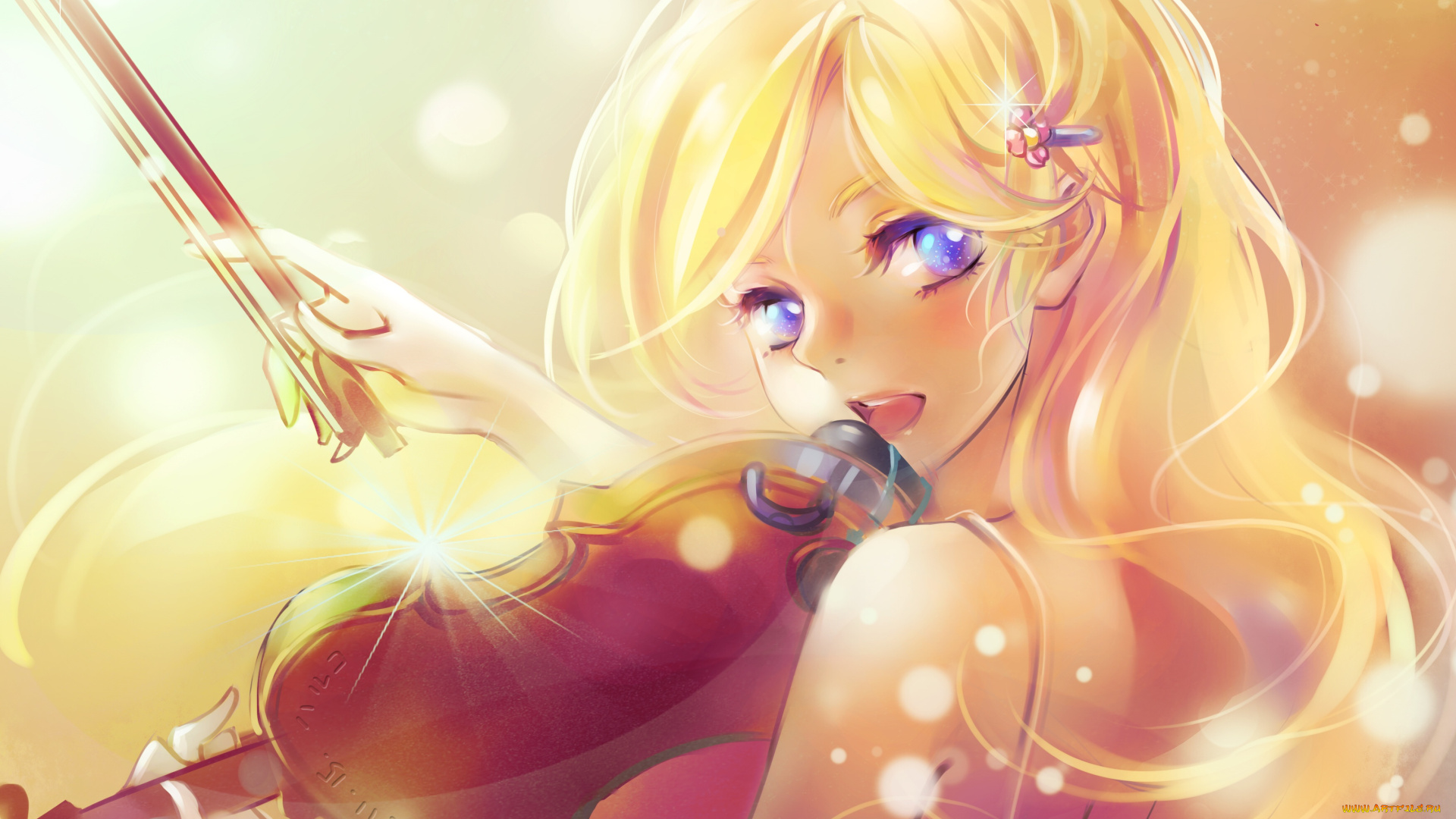 аниме, shigatsu, wa, kimi, no, uso, смычок, взгляд, девушка, арт, sunday, haruko, miyazono, kawori, скрипка, shigatsu, wa, kimi, no, uso
