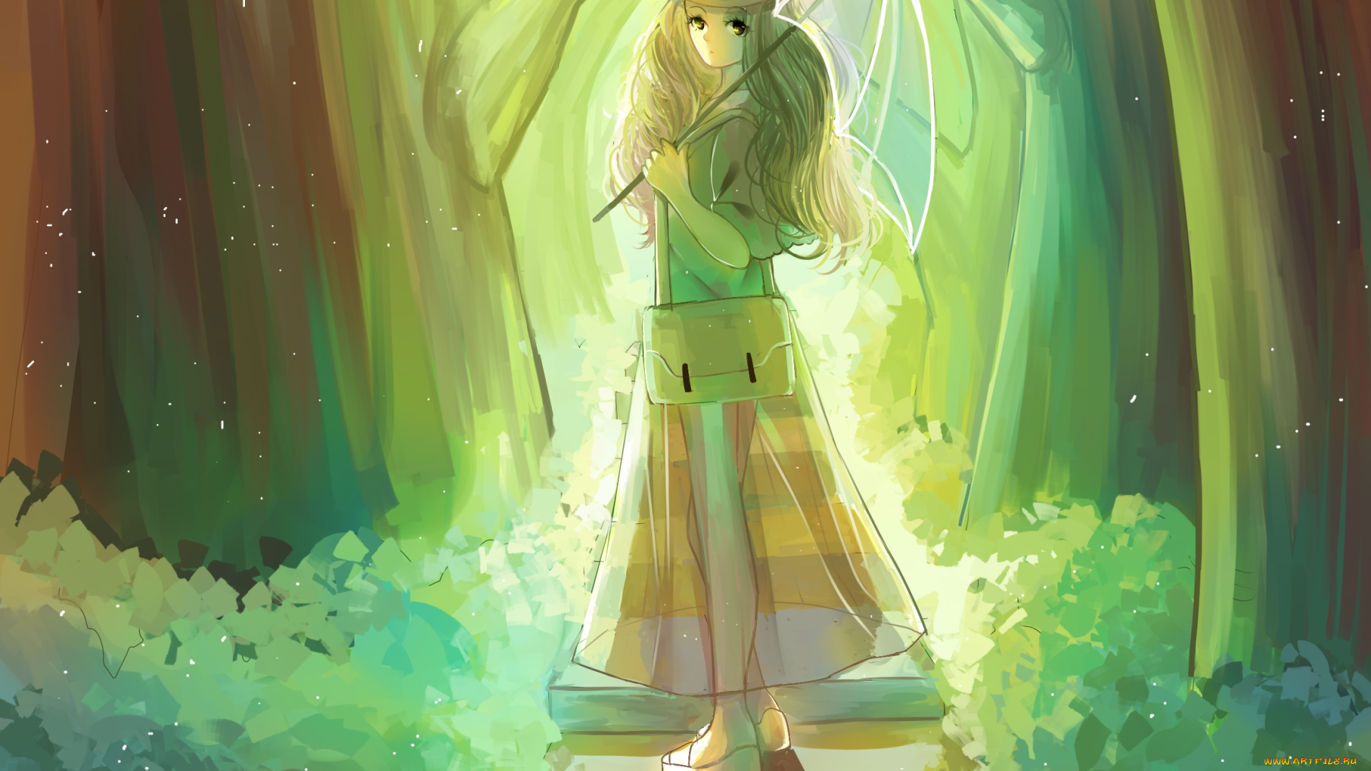 аниме, unknown, , другое, лес, девушка, арт, weitu, лестница, зонт