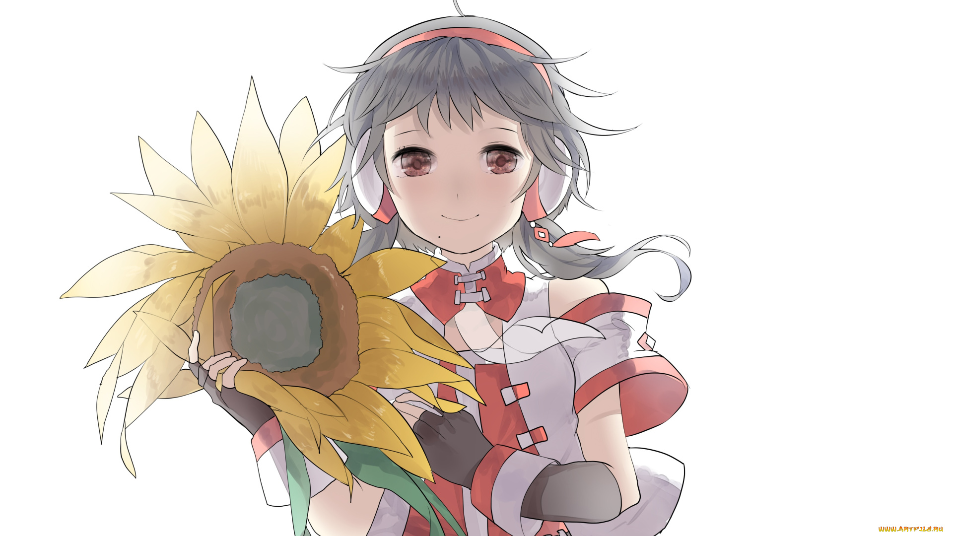 аниме, vocaloid, взгляд, девушка, подсолнух, фон