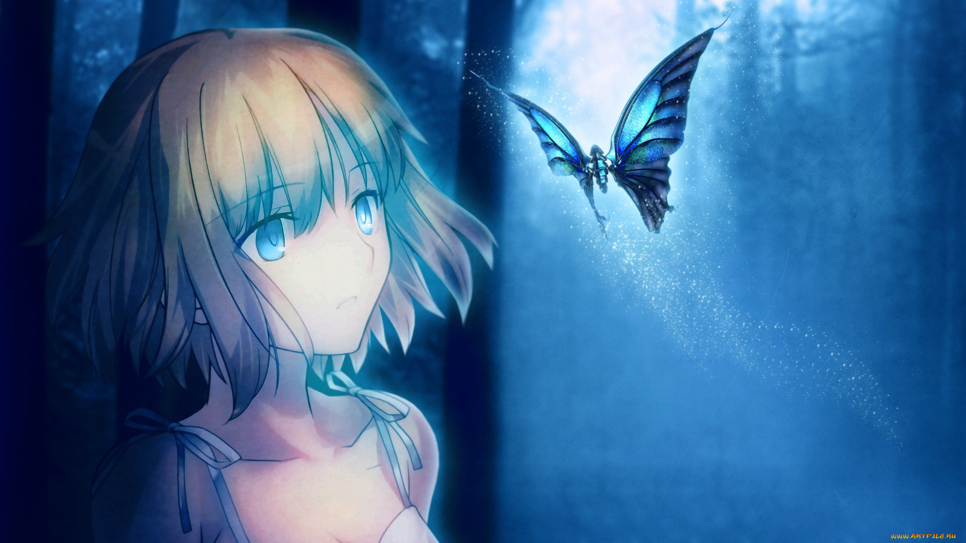 аниме, животные, , существа, ночь, лунный, свет, девушка, бабочка, арт