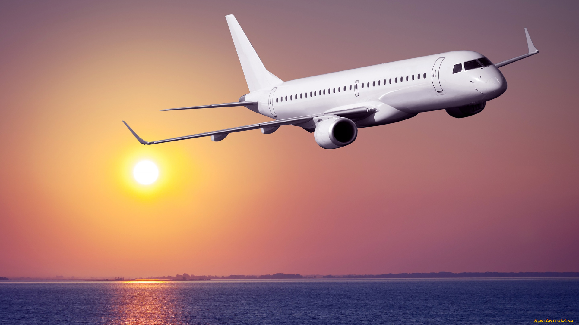 авиация, 3д, рисованые, v-graphic, побережье, небо, солнце, рассвет, авиалайнер, море, полет, пассажирский, самолет