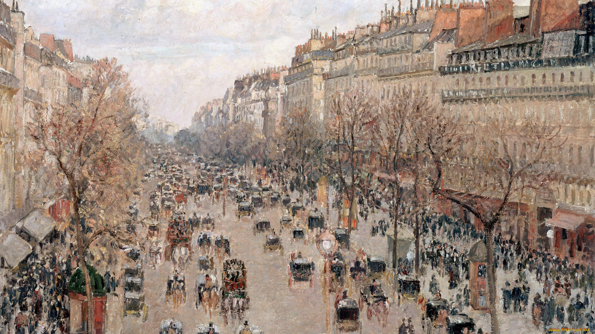 pissarro, camille, -, boulevard, monmartre, in, paris, рисованное, живопись, деревья, кареты, люди, здания, дома, город, улица, франция, париж, монмартр, бульвар, камиль, писсарро