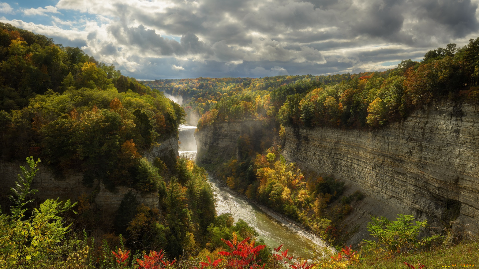 природа, водопады, река, лес, водопад
