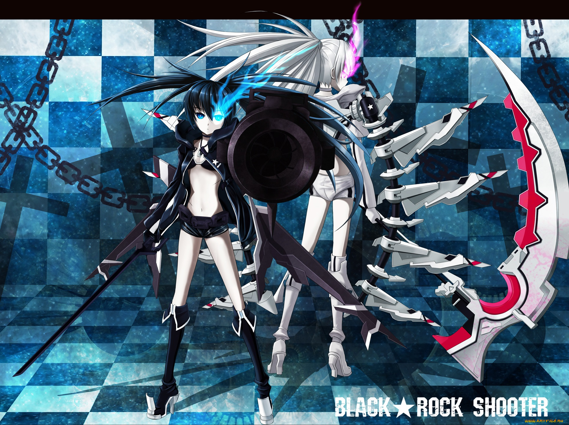аниме, black, rock, shooter, white, rock, shooter, kuroi, mato, оружие, коса, девушки, shinebell