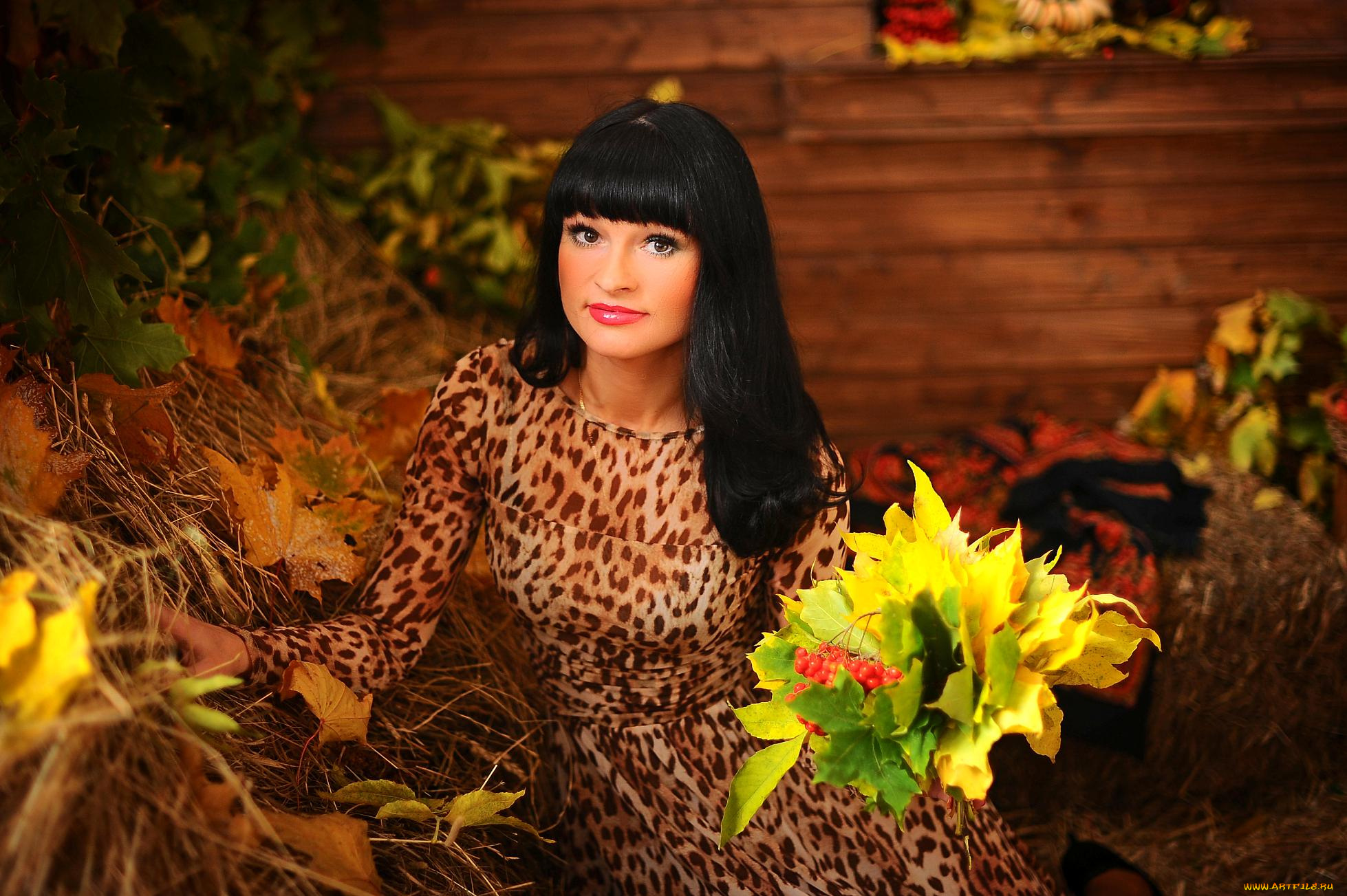 девушки, -unsort, , брюнетки, , шатенки, листья, букет, улыбка, брюнетка, сено