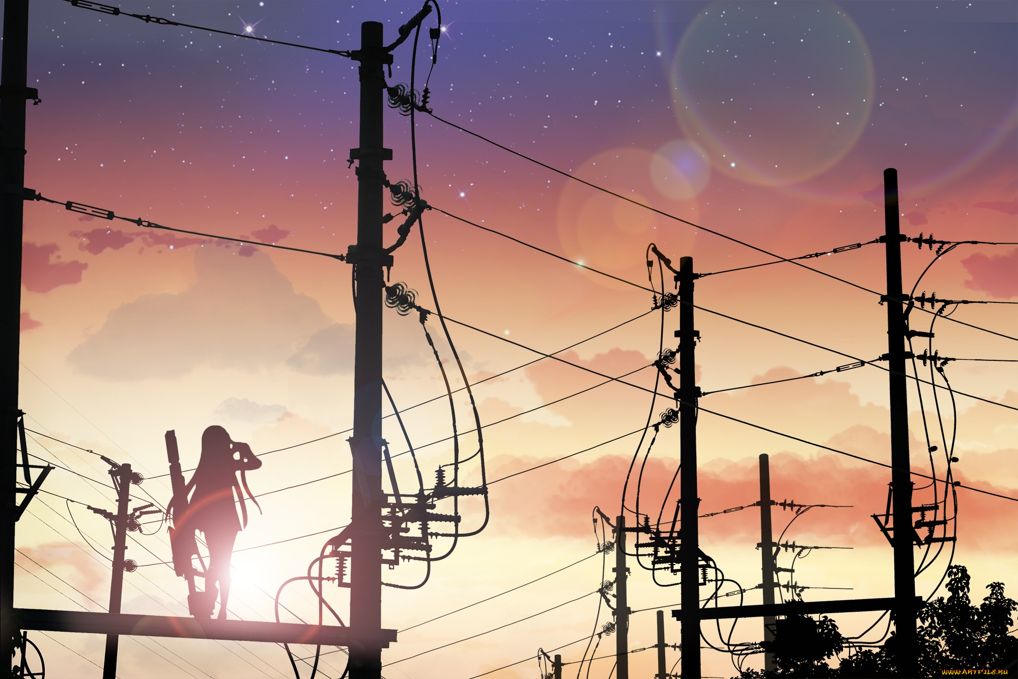 аниме, оружие, , техника, , технологии, dk, senie, небо, девушка, электричество, столбы, арт, силуэт, вечер