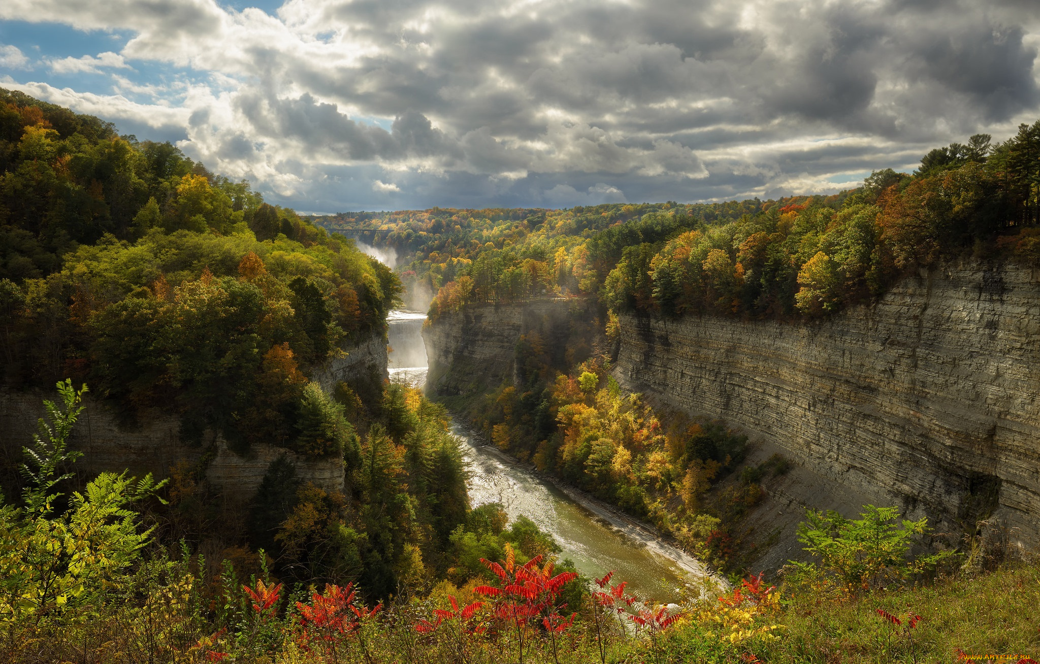 природа, водопады, река, лес, водопад