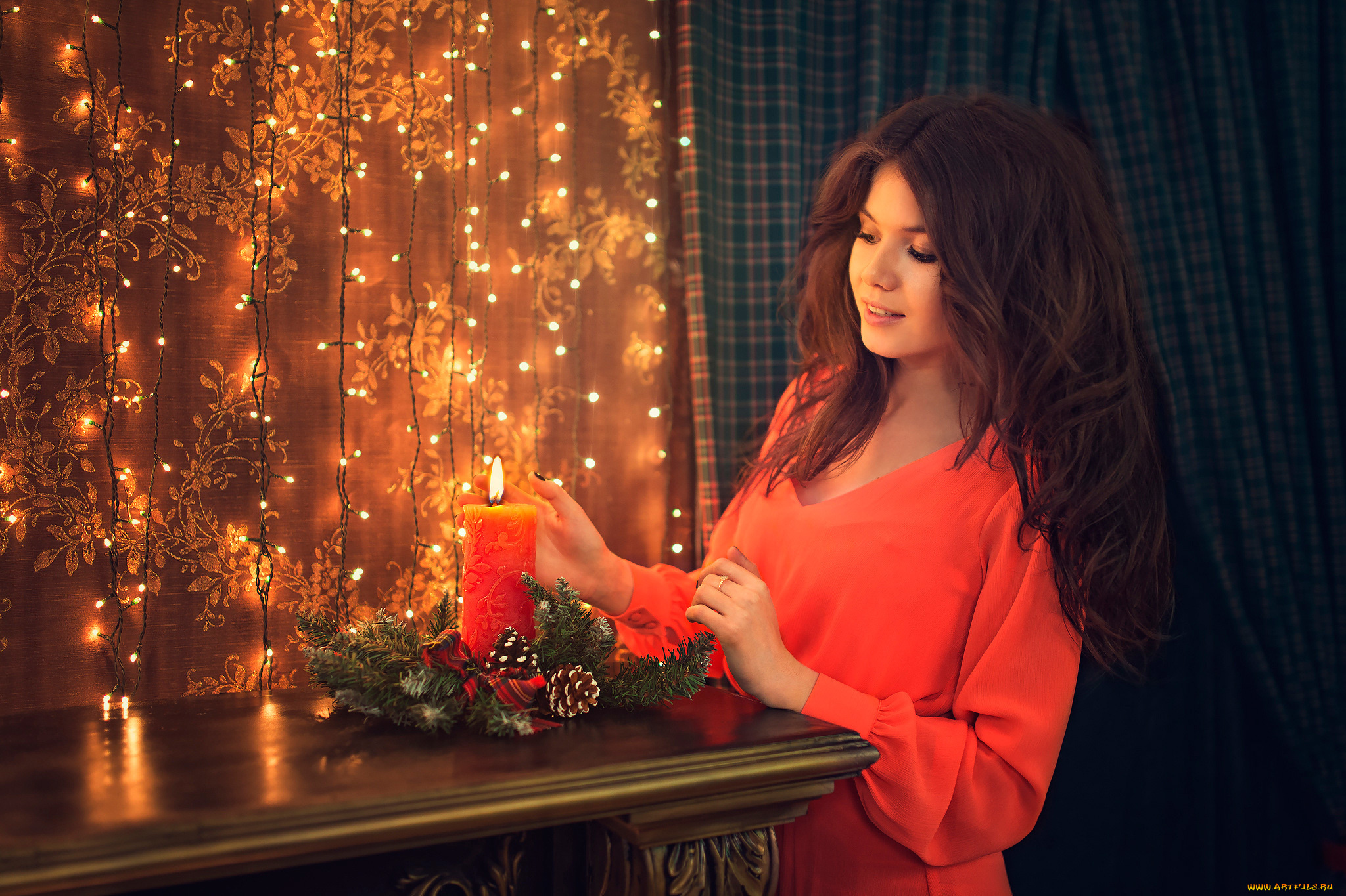 девушки, -unsort, , брюнетки, , шатенки, праздник, гирлянды, свеча, девушка