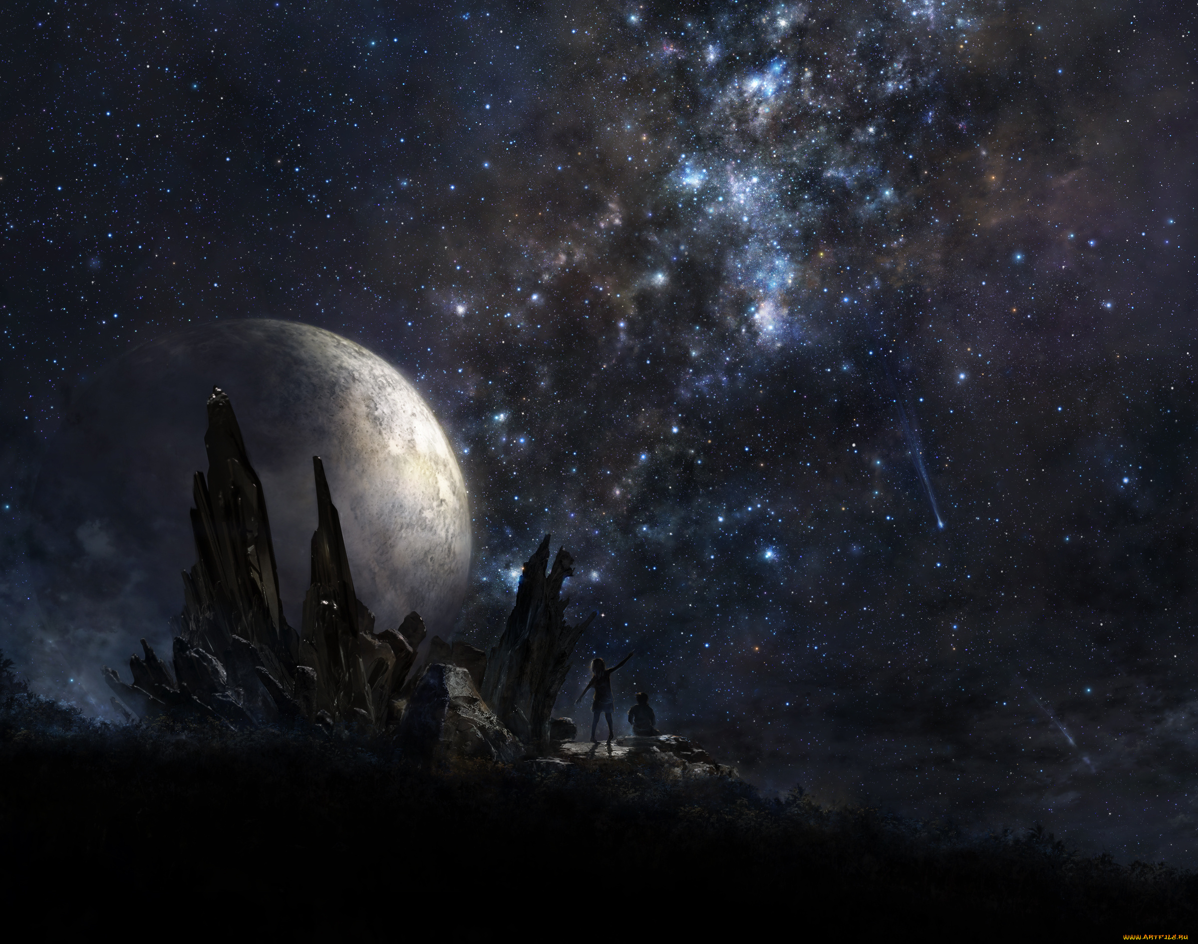 аниме, unknown, , другое, камни, дети, звёздное, небо, арт, ночь, iy, tujiki