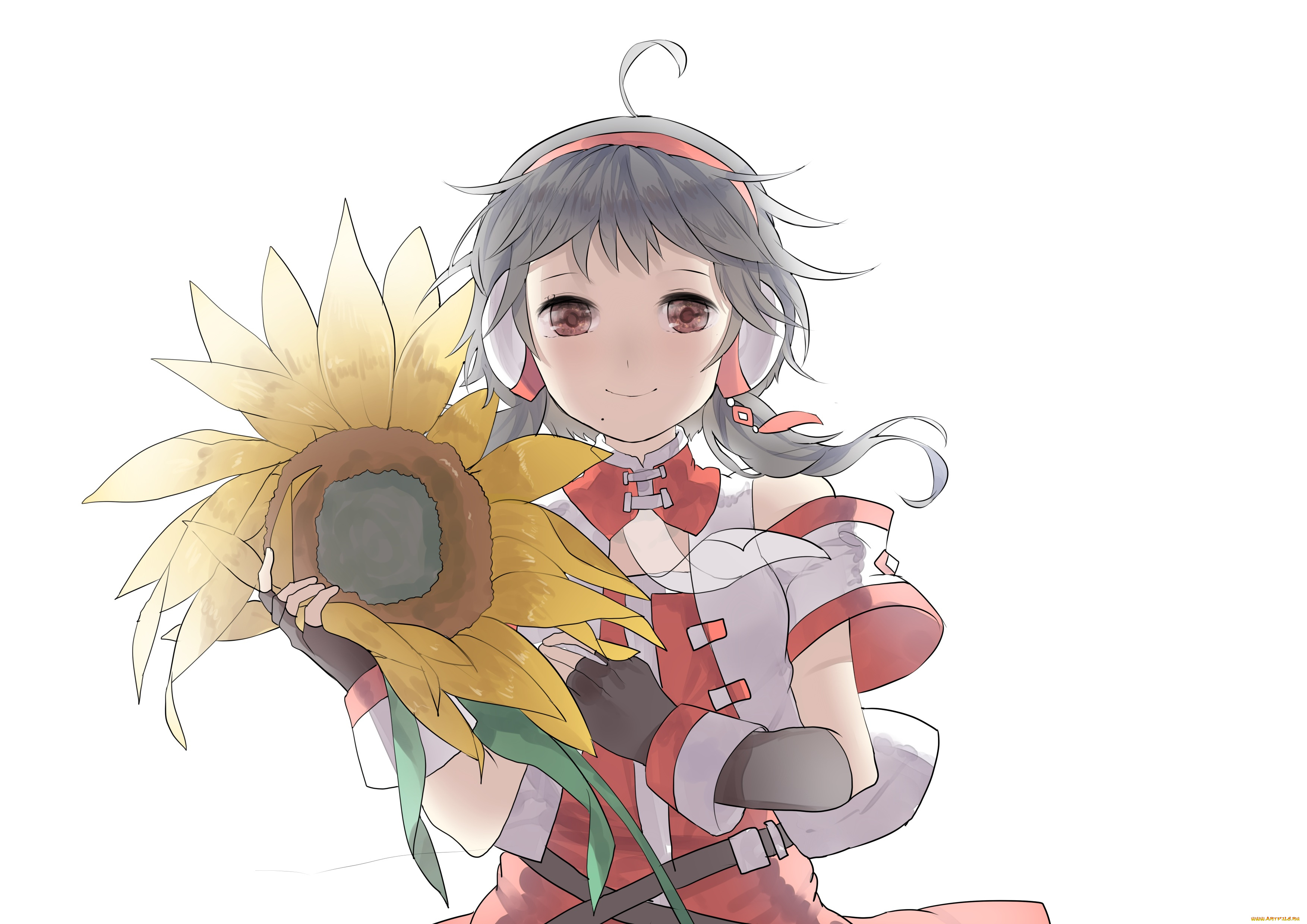 аниме, vocaloid, взгляд, девушка, подсолнух, фон