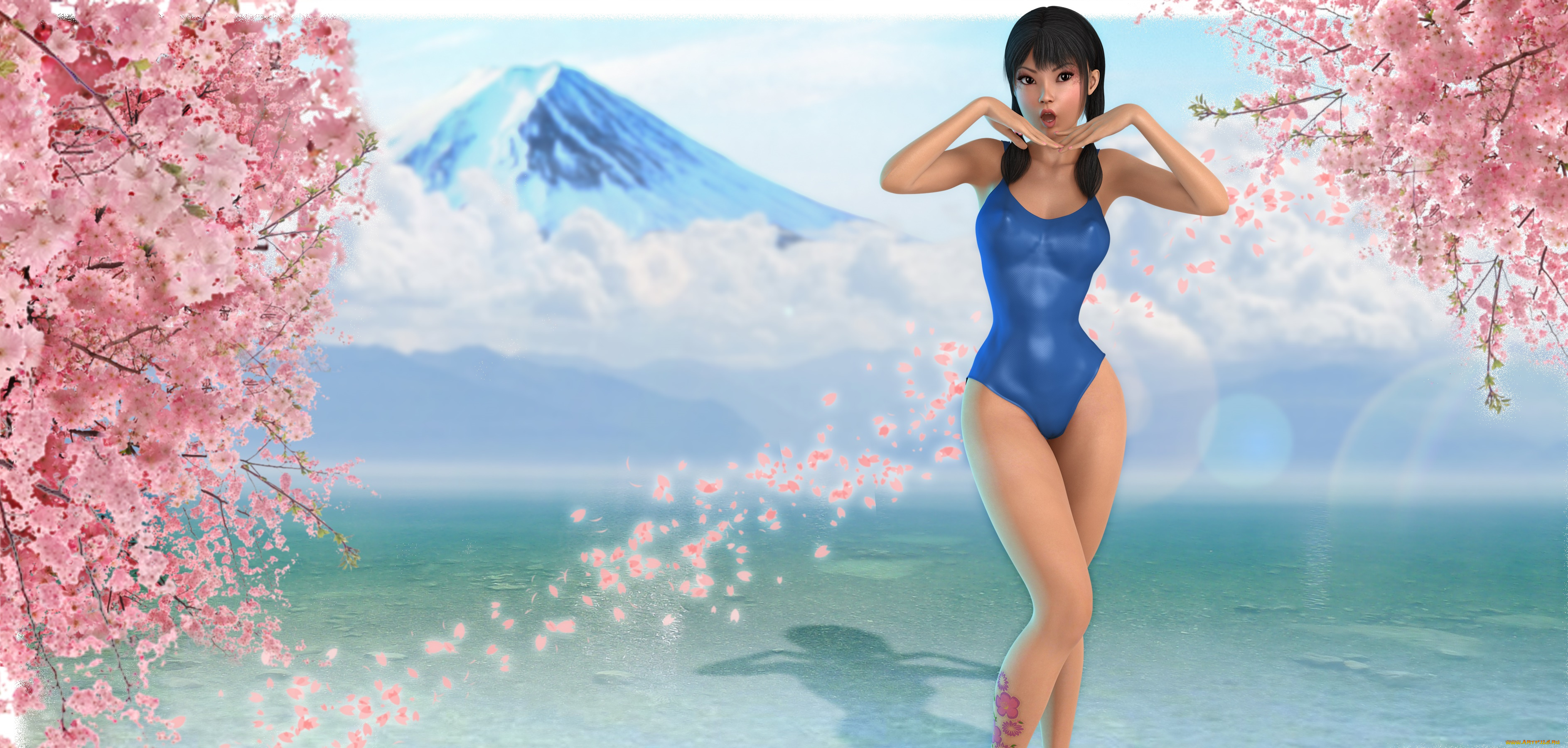 3д, графика, люди, , people, сакура, гора, фон, взгляд, девушка