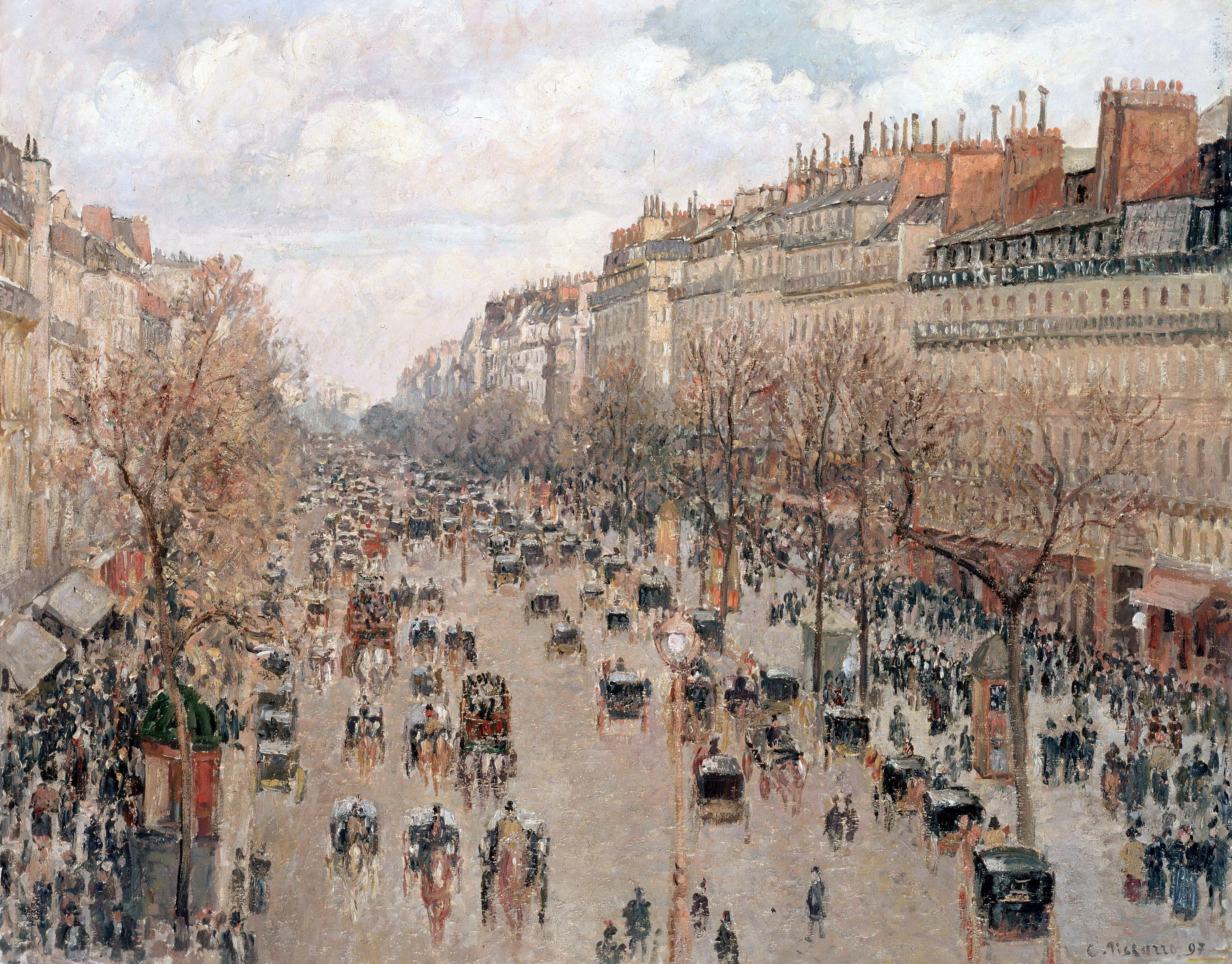 pissarro, camille, -, boulevard, monmartre, in, paris, рисованное, живопись, деревья, кареты, люди, здания, дома, город, улица, франция, париж, монмартр, бульвар, камиль, писсарро