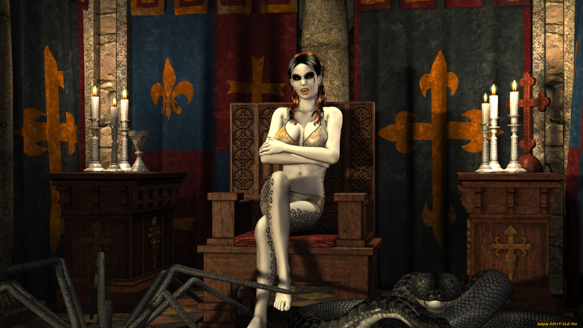 3д, графика, существа, , creatures, девушка, взгляд, фон, змея