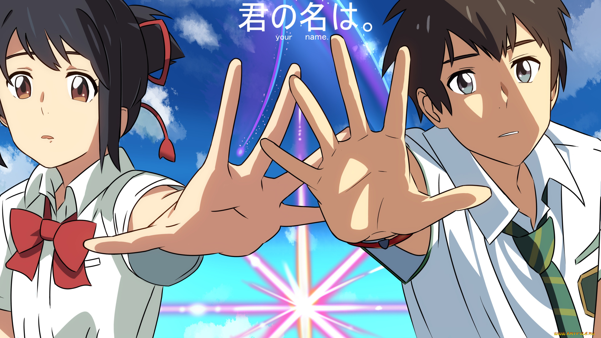 аниме, kimi, no, na, wa, фон, взгляд, девушка, парень