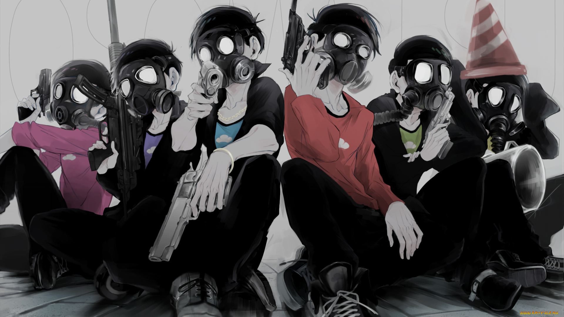 аниме, osomatsu-san, парни, оружие, противогазы