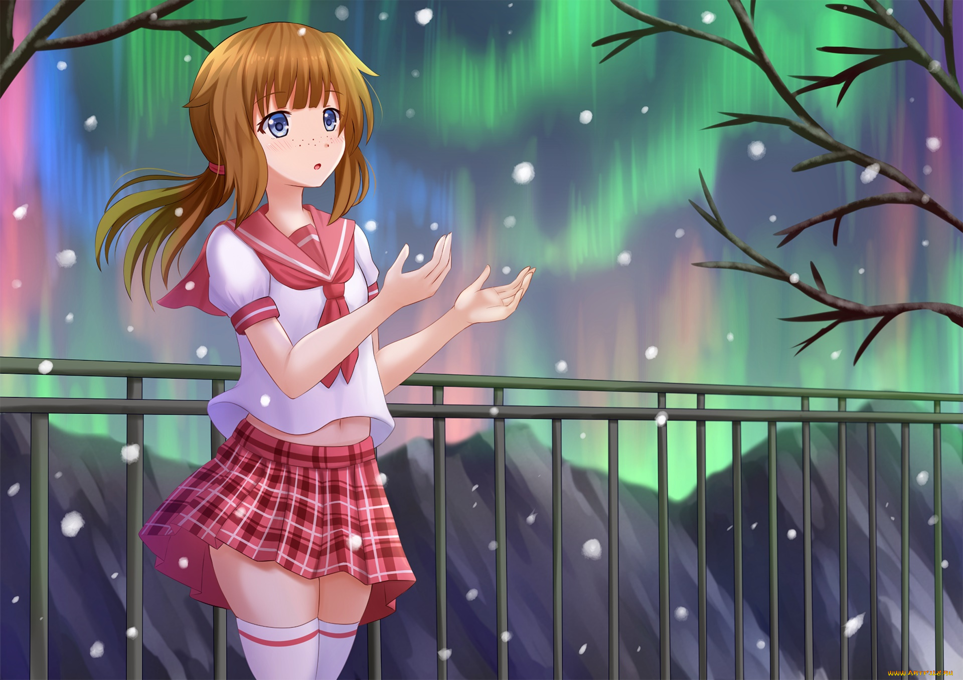 аниме, зима, , новый, год, , рождество, взгляд, девушка, фон
