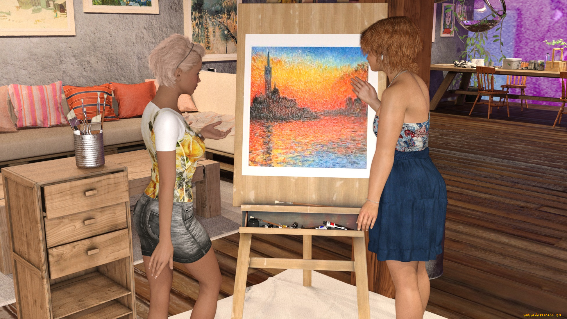 3д, графика, люди, , people, девушки, взгляд, фон, интерьер