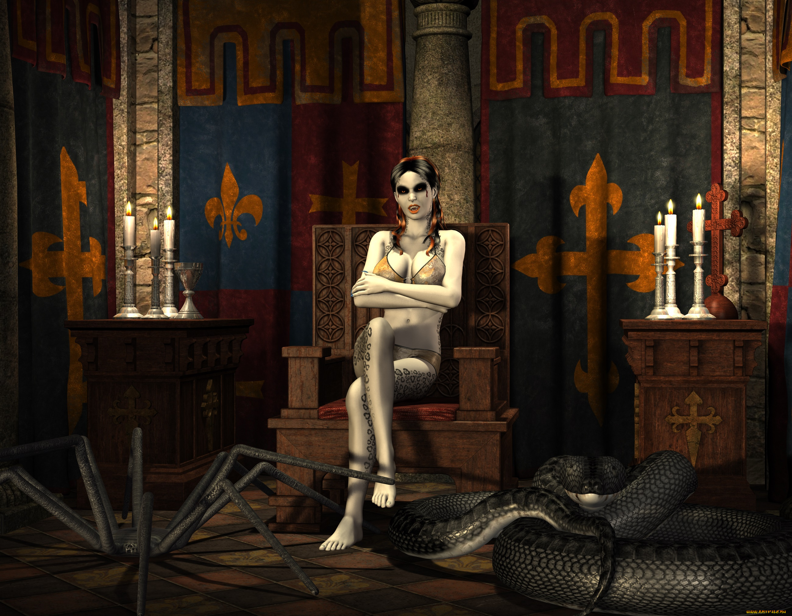 3д, графика, существа, , creatures, девушка, взгляд, фон, змея