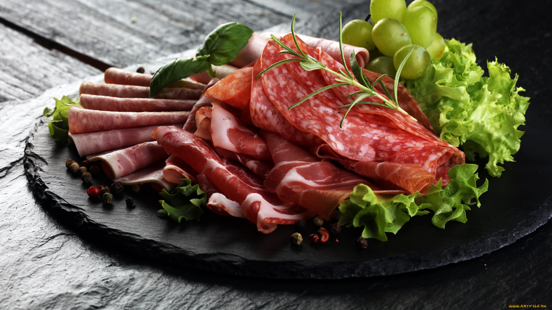 еда, колбасные, изделия, виноград, томат, мясная, нарезка, салат