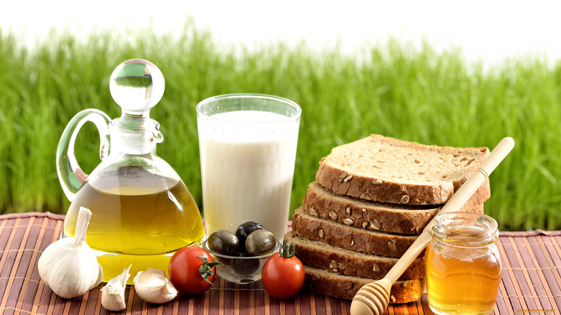 еда, разное, хлеб, томат, чеснок, масло, мед, помидоры