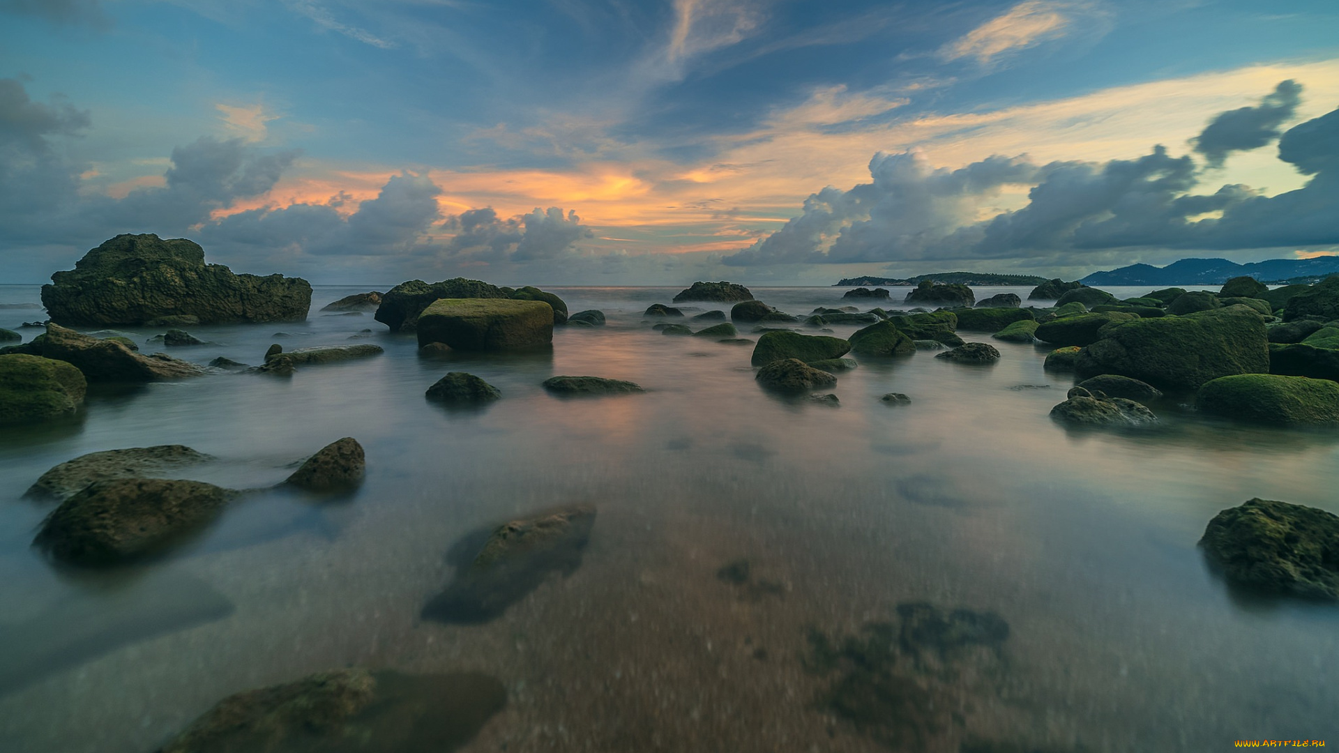 природа, моря, океаны, море, камни, закат