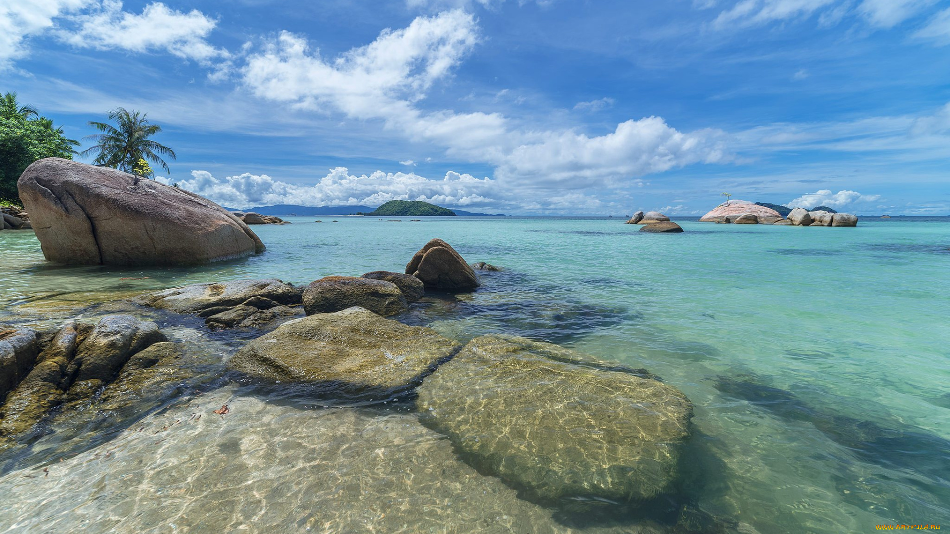природа, тропики, пальмы, камни, море, голубое, небо, облака