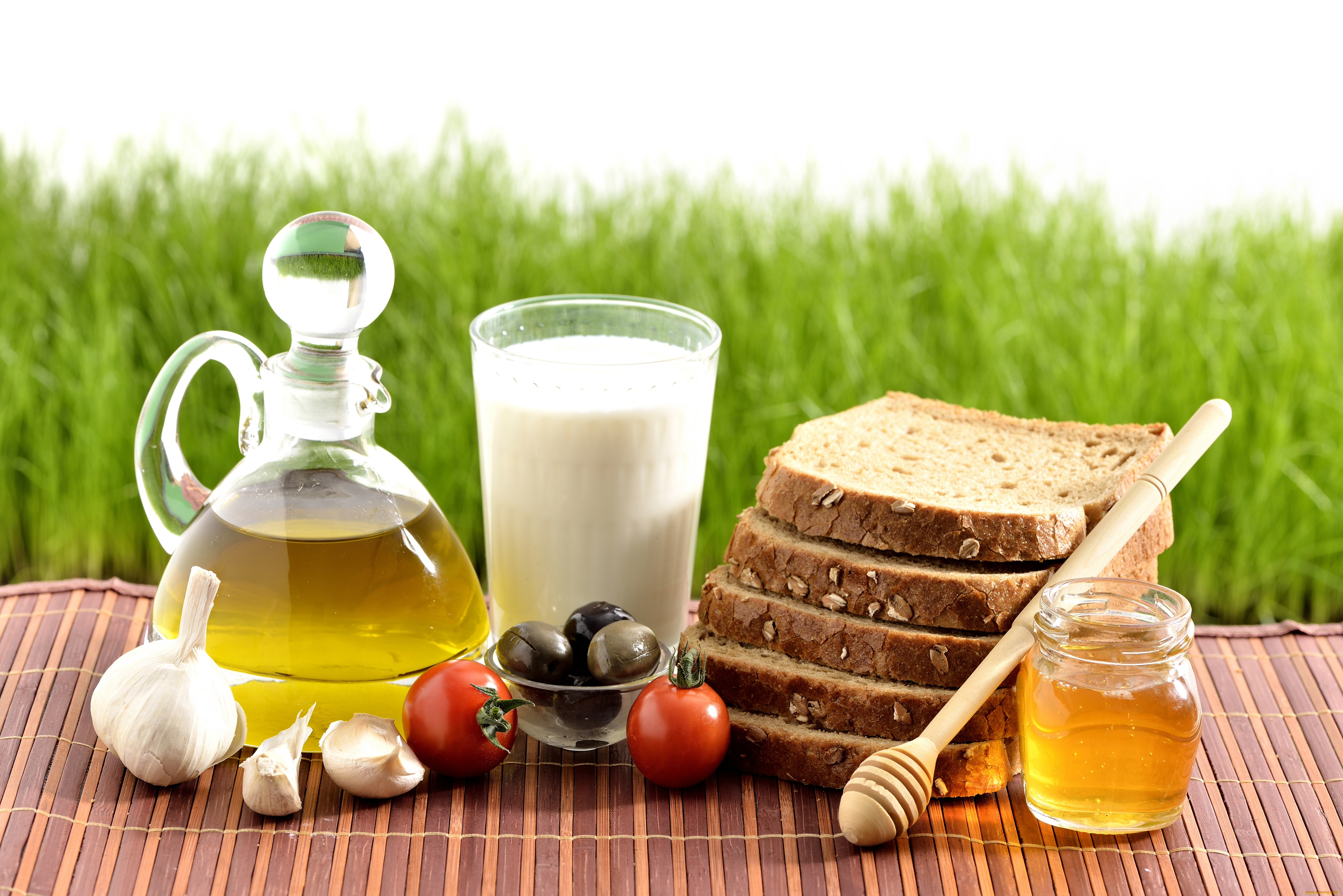 еда, разное, хлеб, томат, чеснок, масло, мед, помидоры