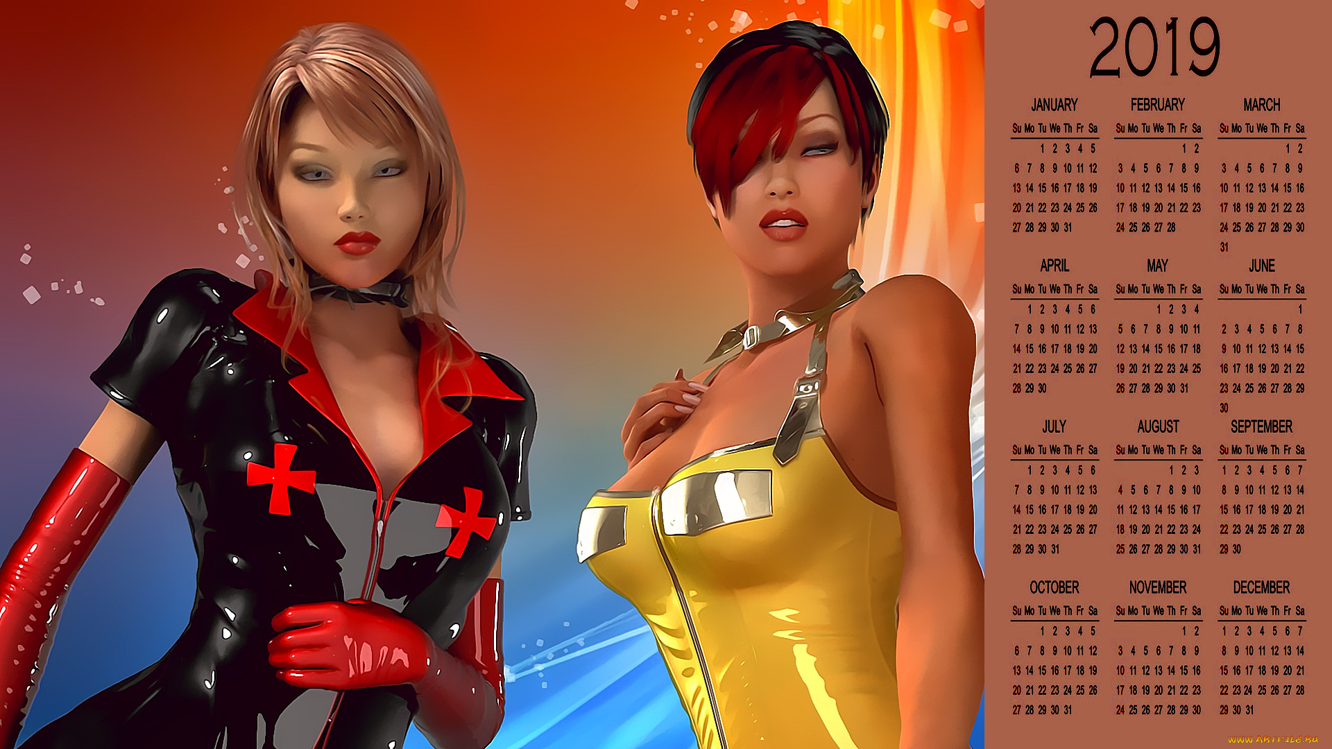 календари, 3д-графика, секси, двое, взгляд, девушка