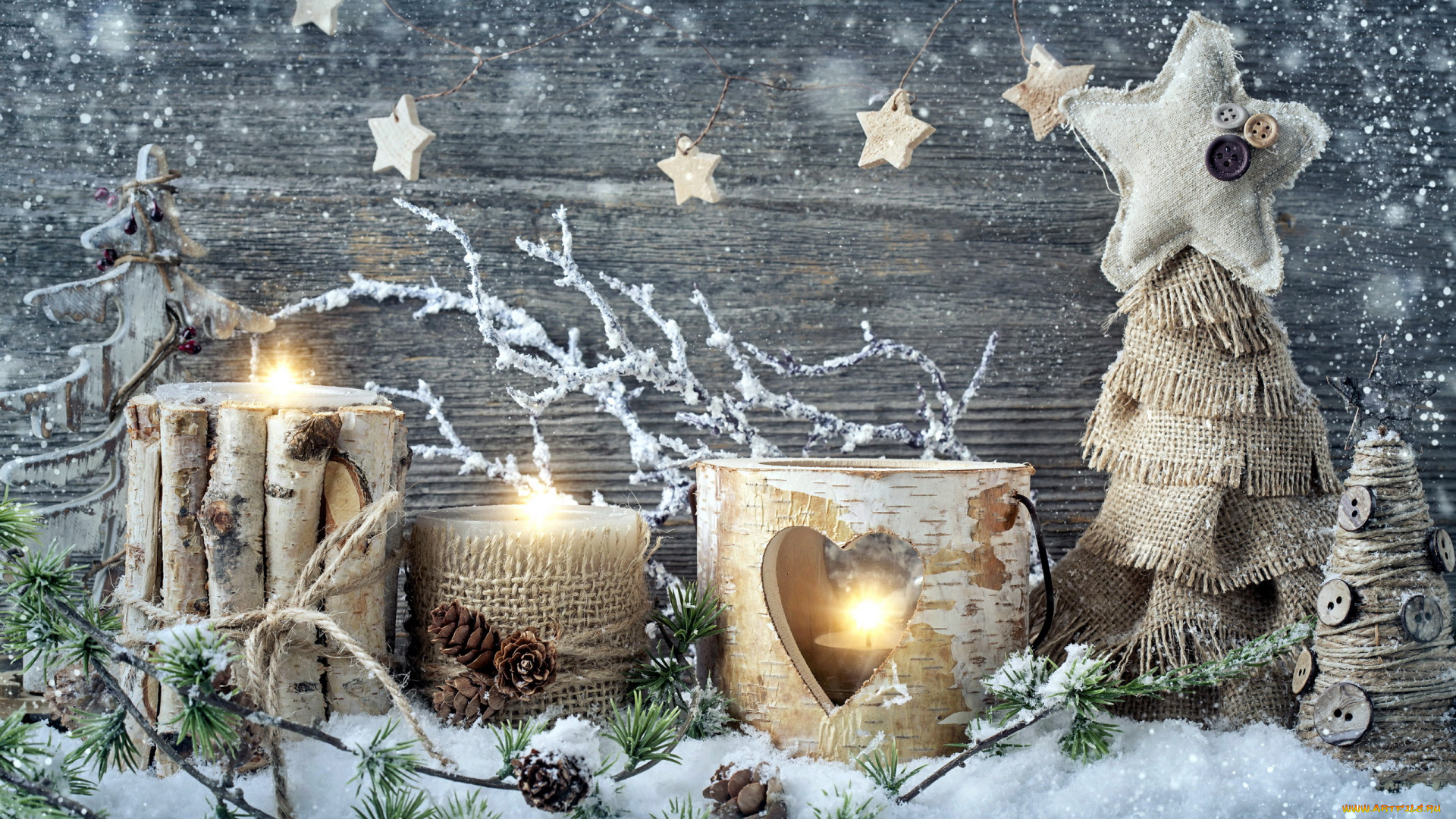 праздничные, новогодние, свечи, снежинки, свечи, шишки