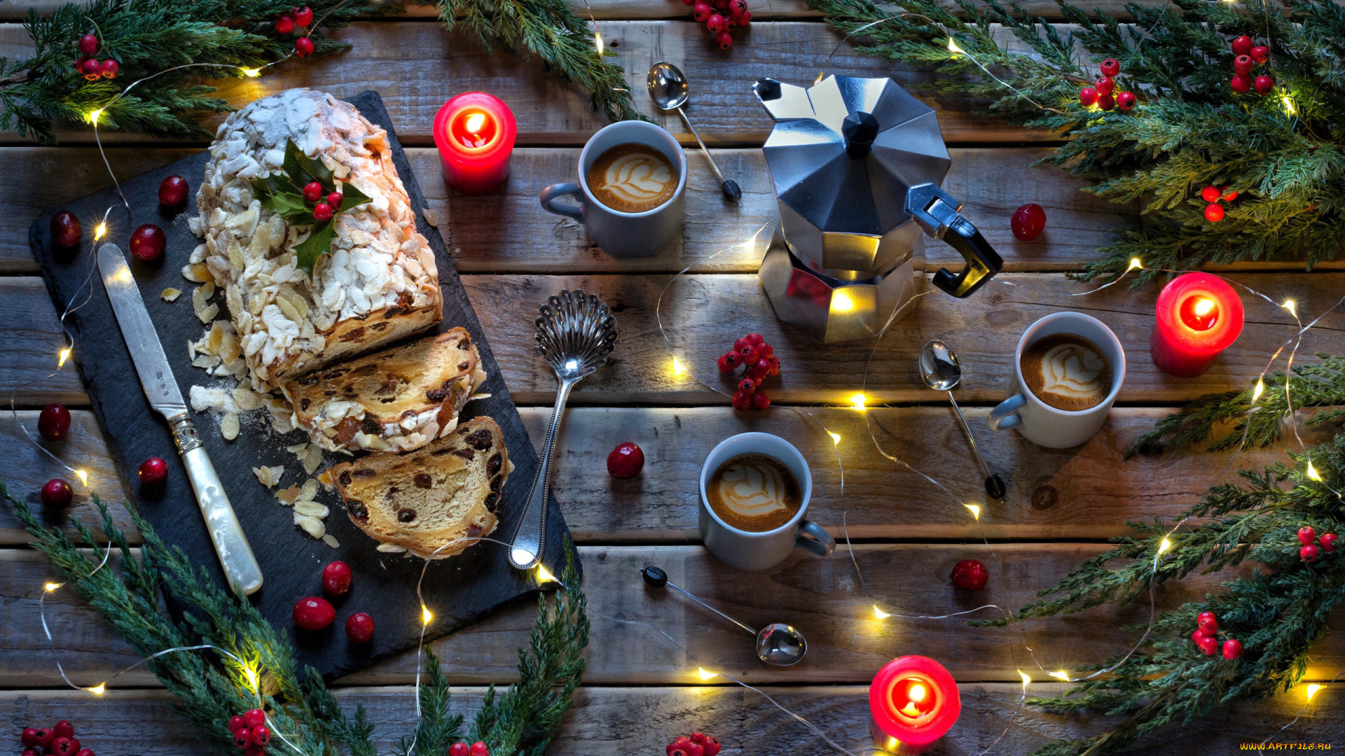 праздничные, угощения, пирог, кофе, свечи