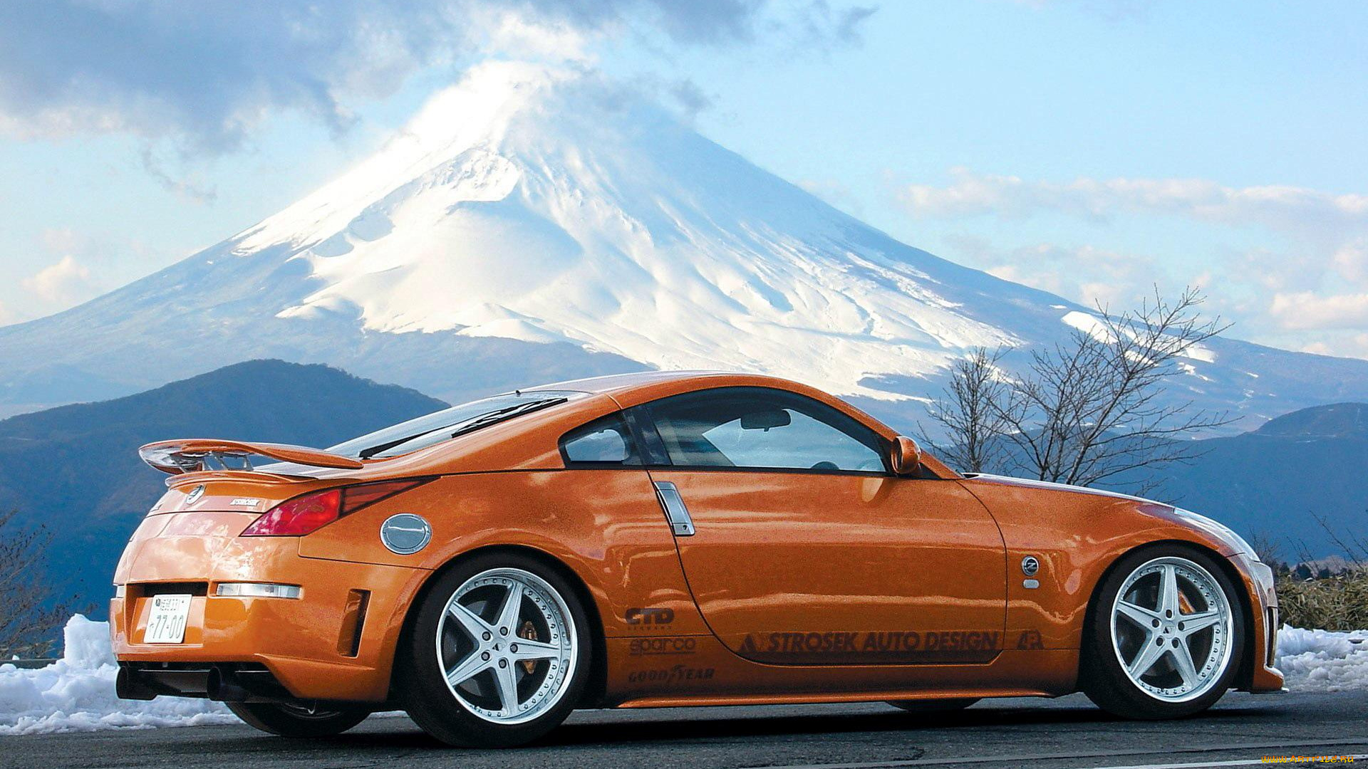 автомобили, nissan, datsun, оранжевый, дорога, снег, гора