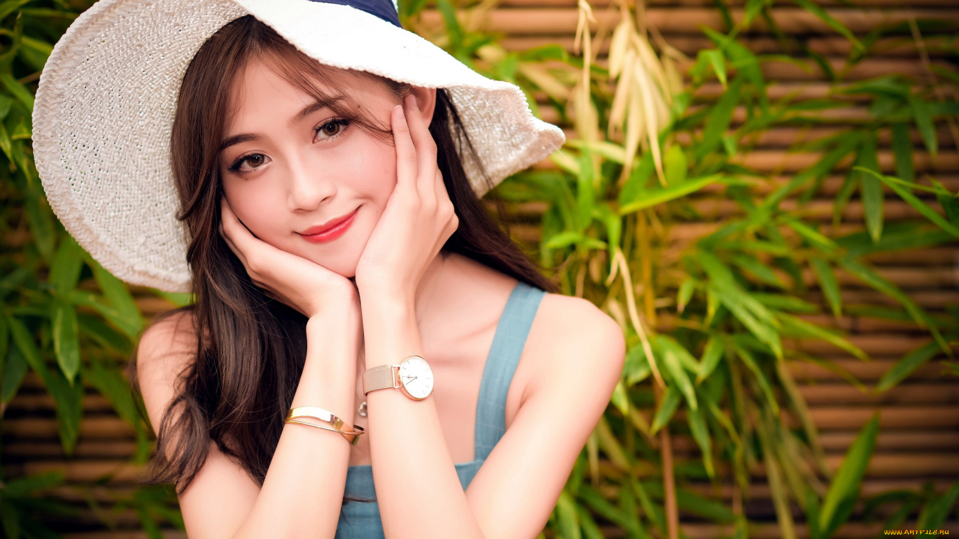 девушки, -, азиатки, шляпка, поза