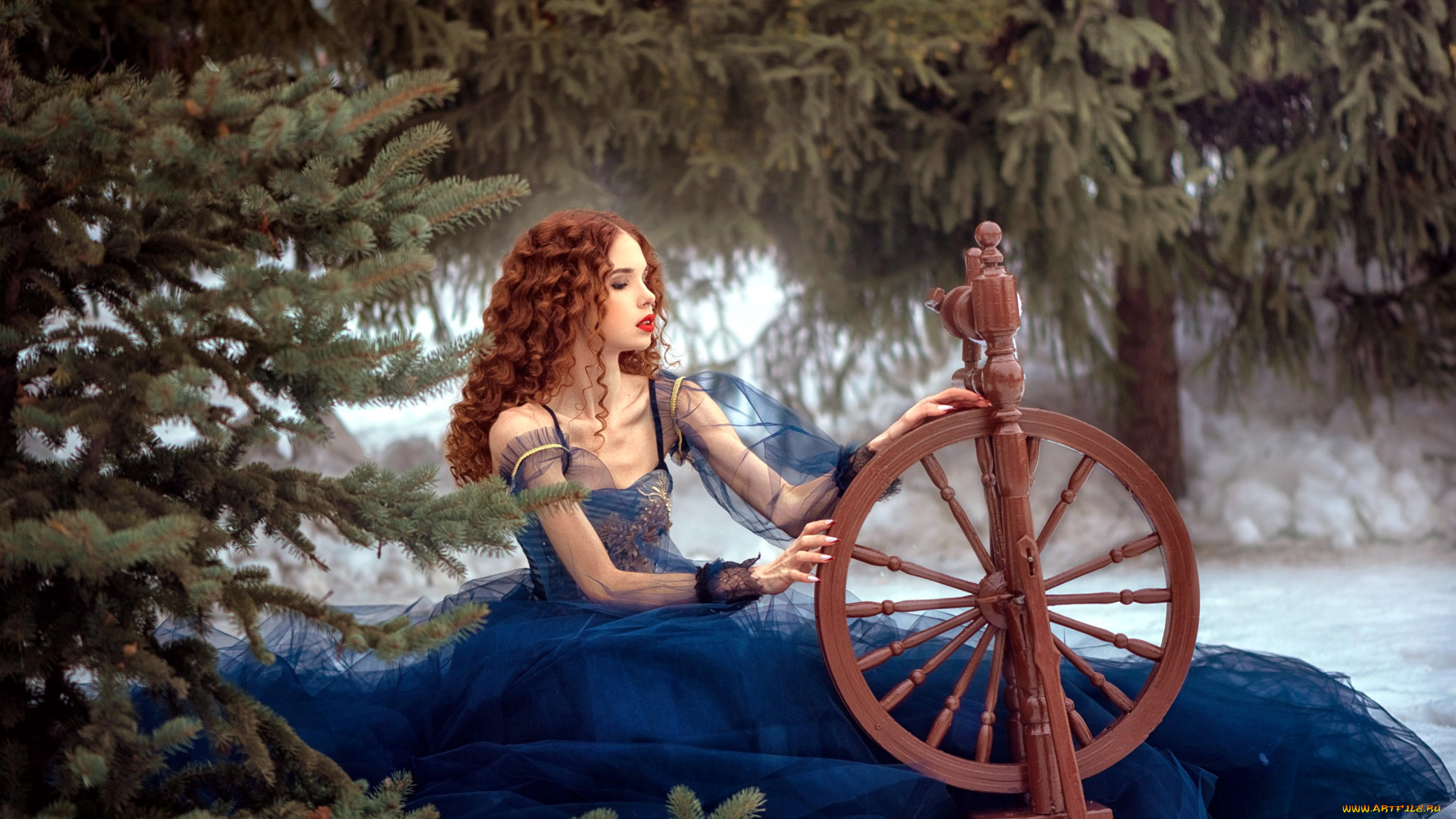 девушки, -, рыжеволосые, и, разноцветные, лес, прялка, синее, платье