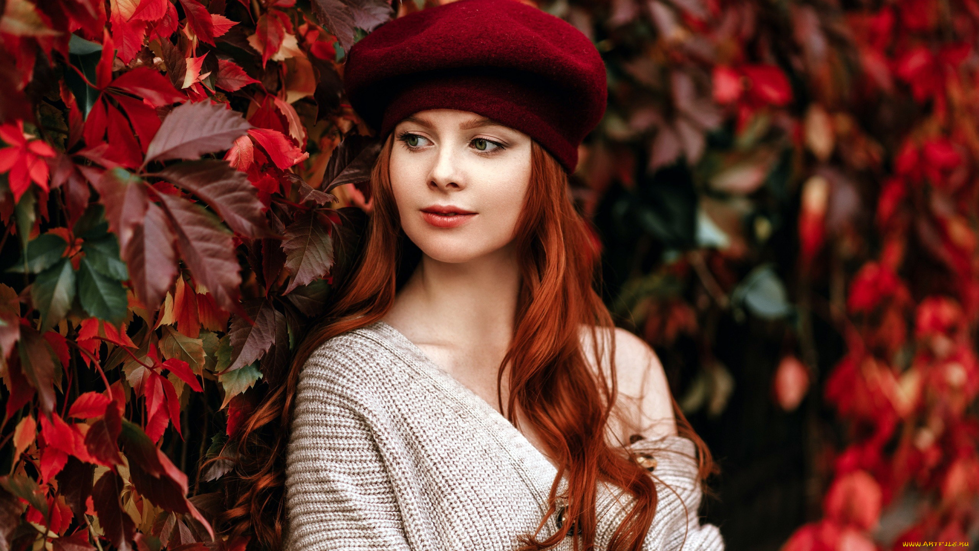 девушки, -, рыжеволосые, и, разноцветные, плющ, листья, берет, осень