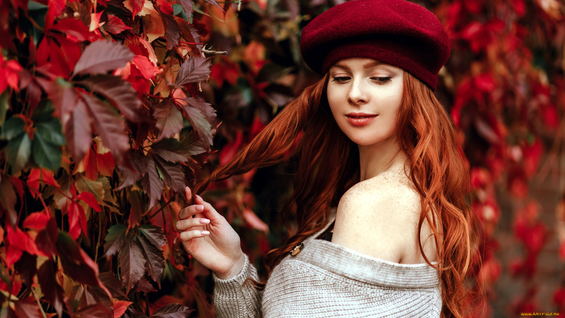 девушки, -, рыжеволосые, и, разноцветные, плющ, листья, берет, осень