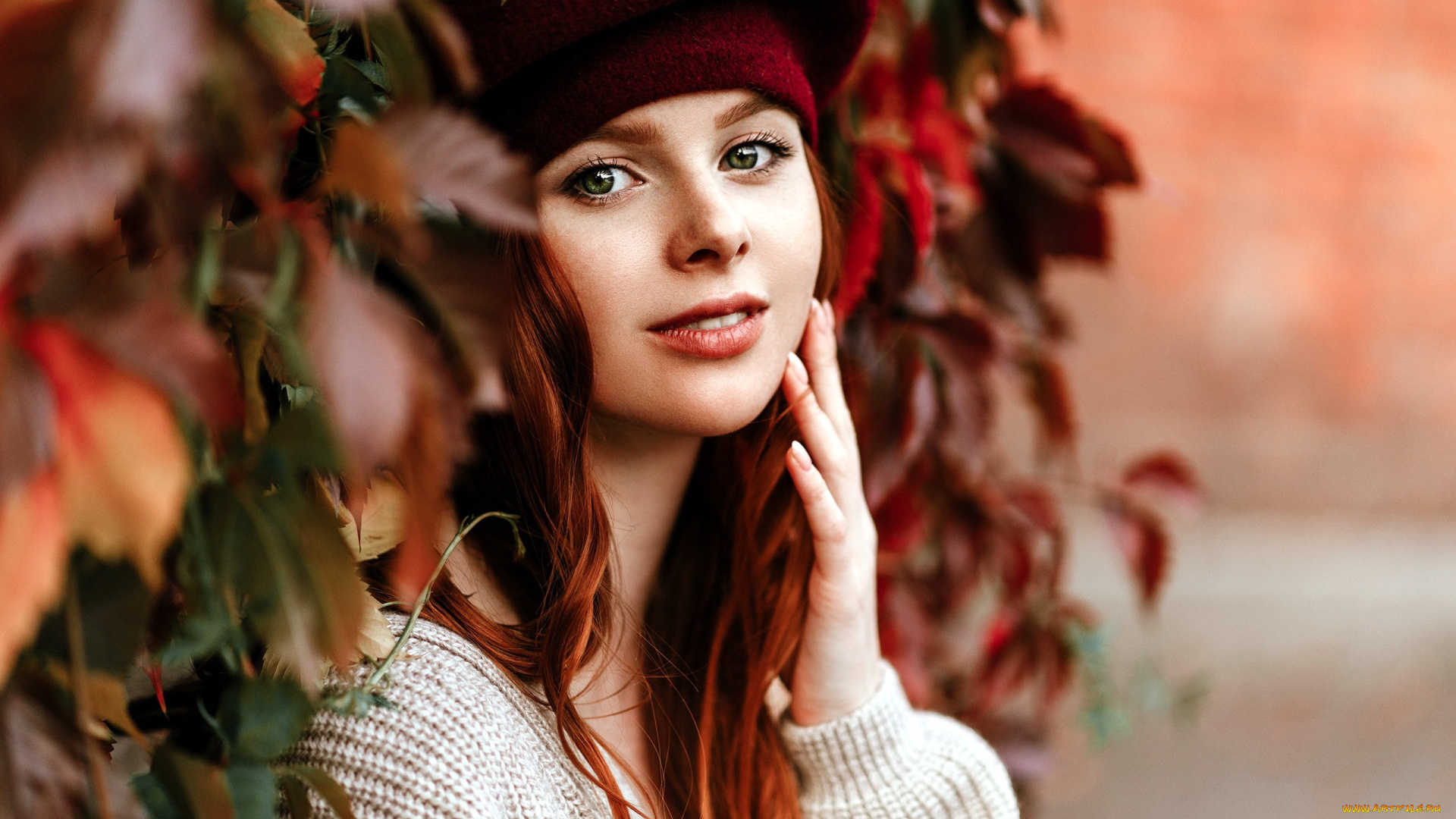 девушки, -, рыжеволосые, и, разноцветные, плющ, листья, берет, осень
