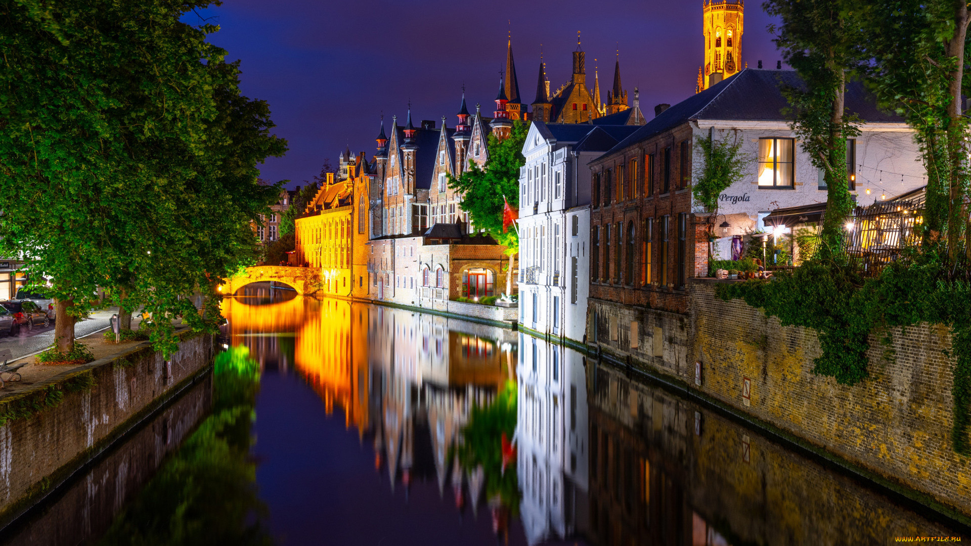 города, брюгге, , бельгия, канал, мост, вечер, огни