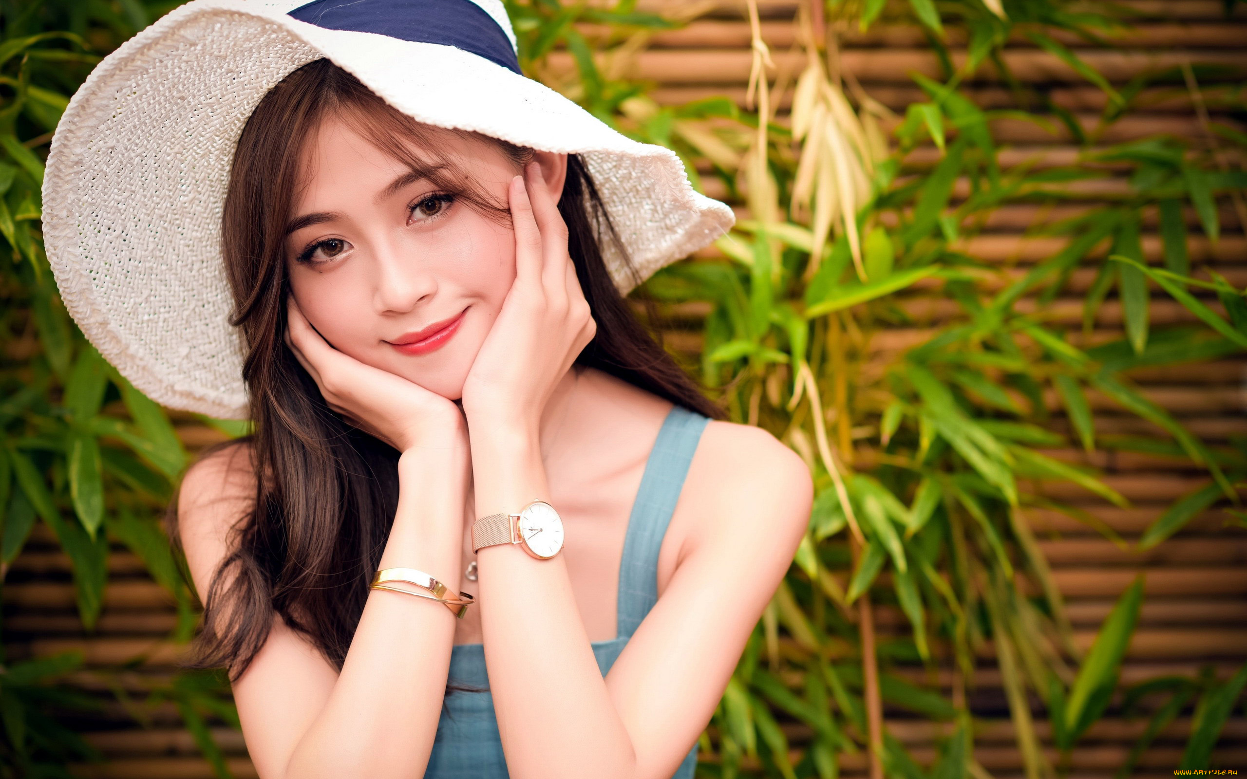 девушки, -, азиатки, шляпка, поза