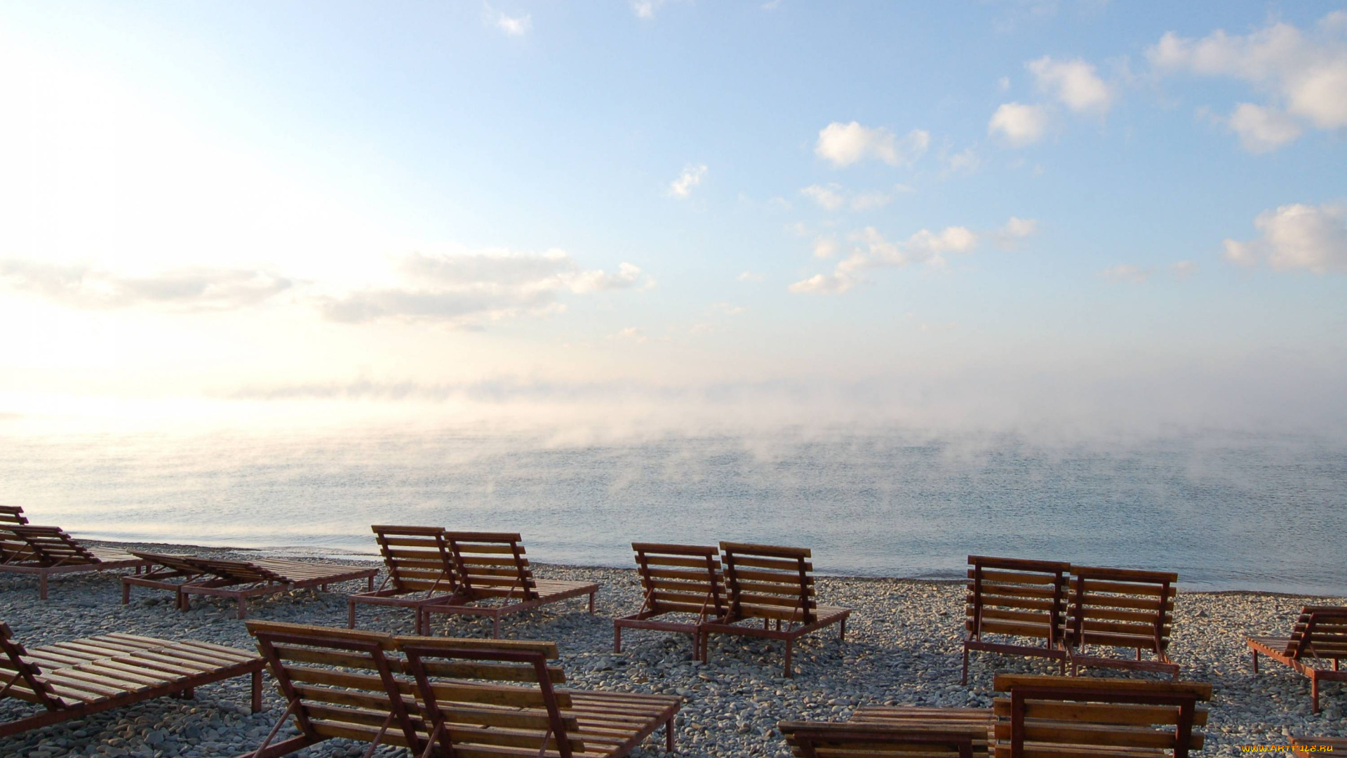 природа, побережье, море, утро, пляж, шезлонги