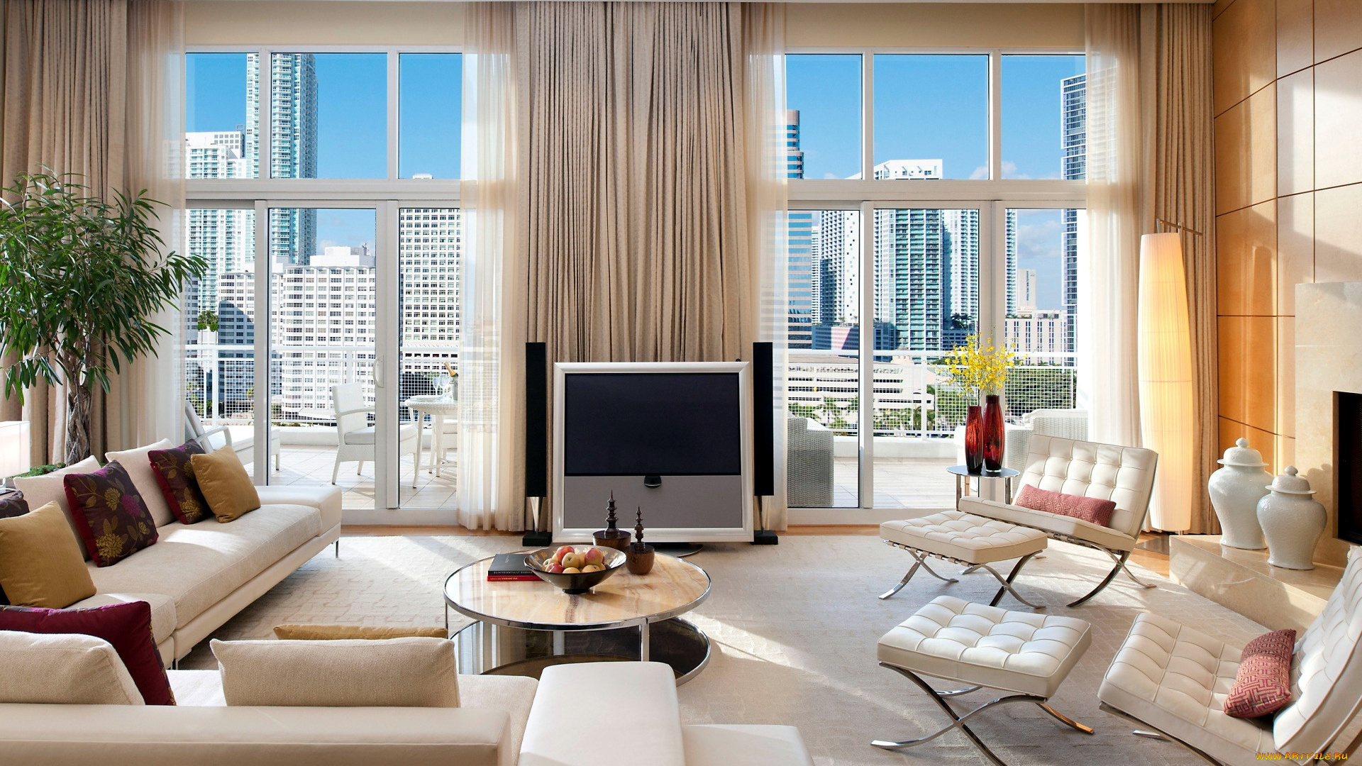 интерьер, гостиная, мягкий, уголок, кресла, столик, вазон