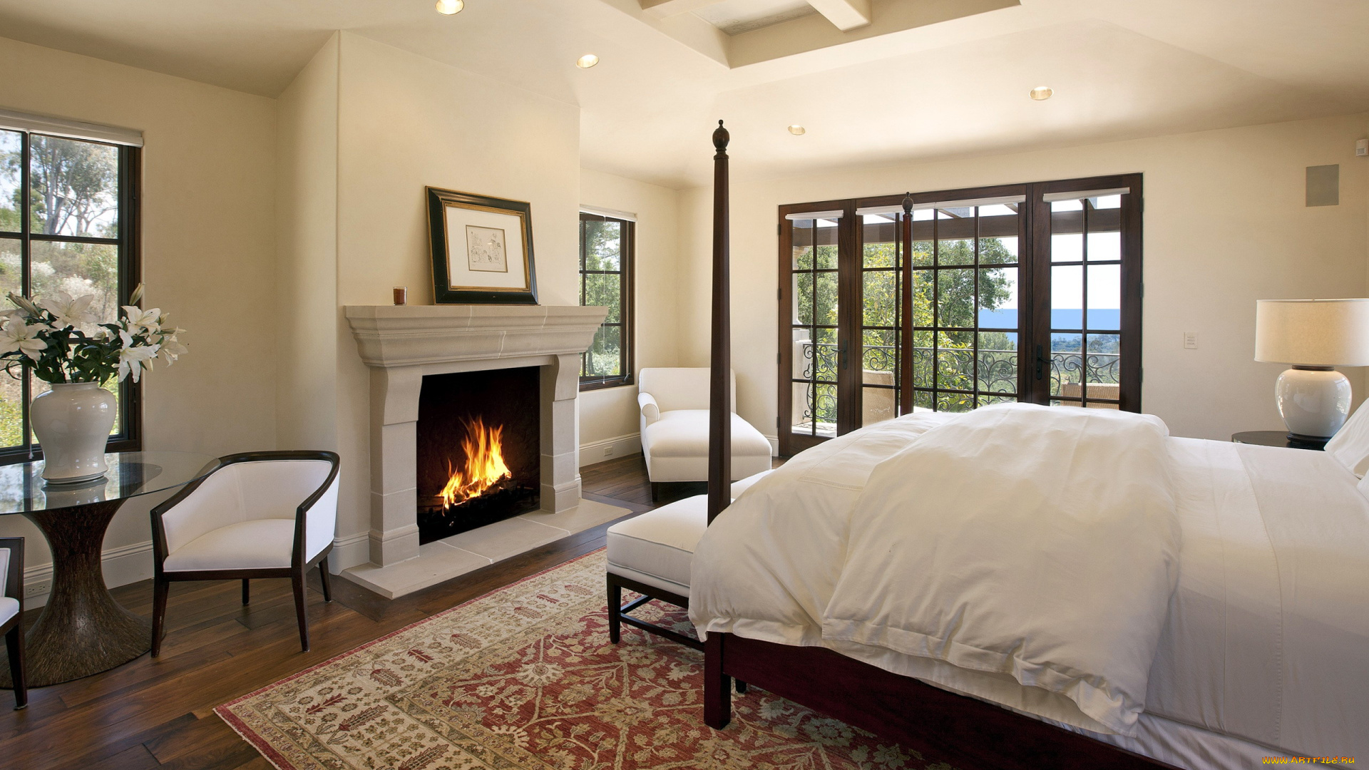 интерьер, спальня, камин, кровать, картина