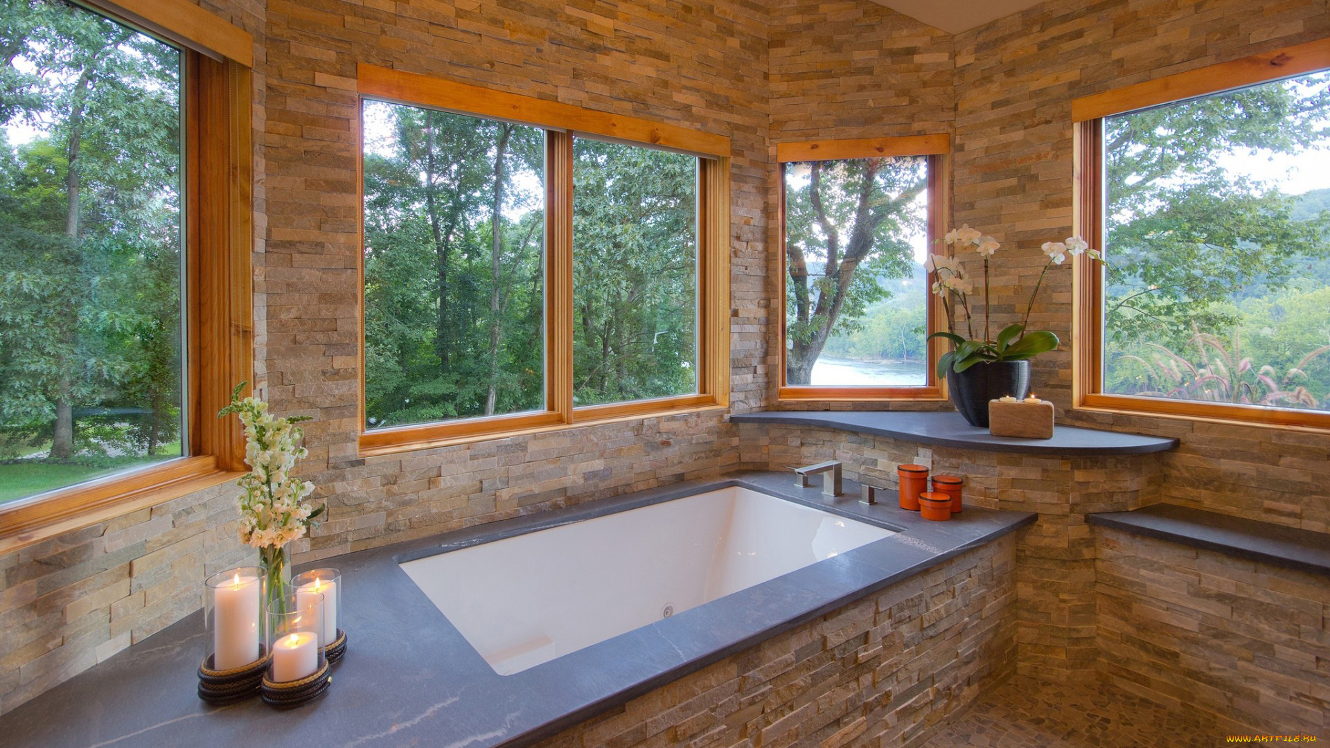 интерьер, ванная, и, туалетная, комнаты, свечи, ванная, ванна, цветы