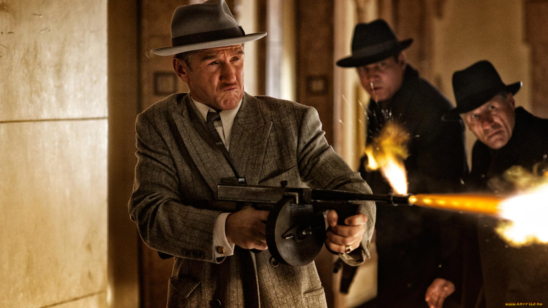 кино, фильмы, gangster, squad, автомат, выстрелы