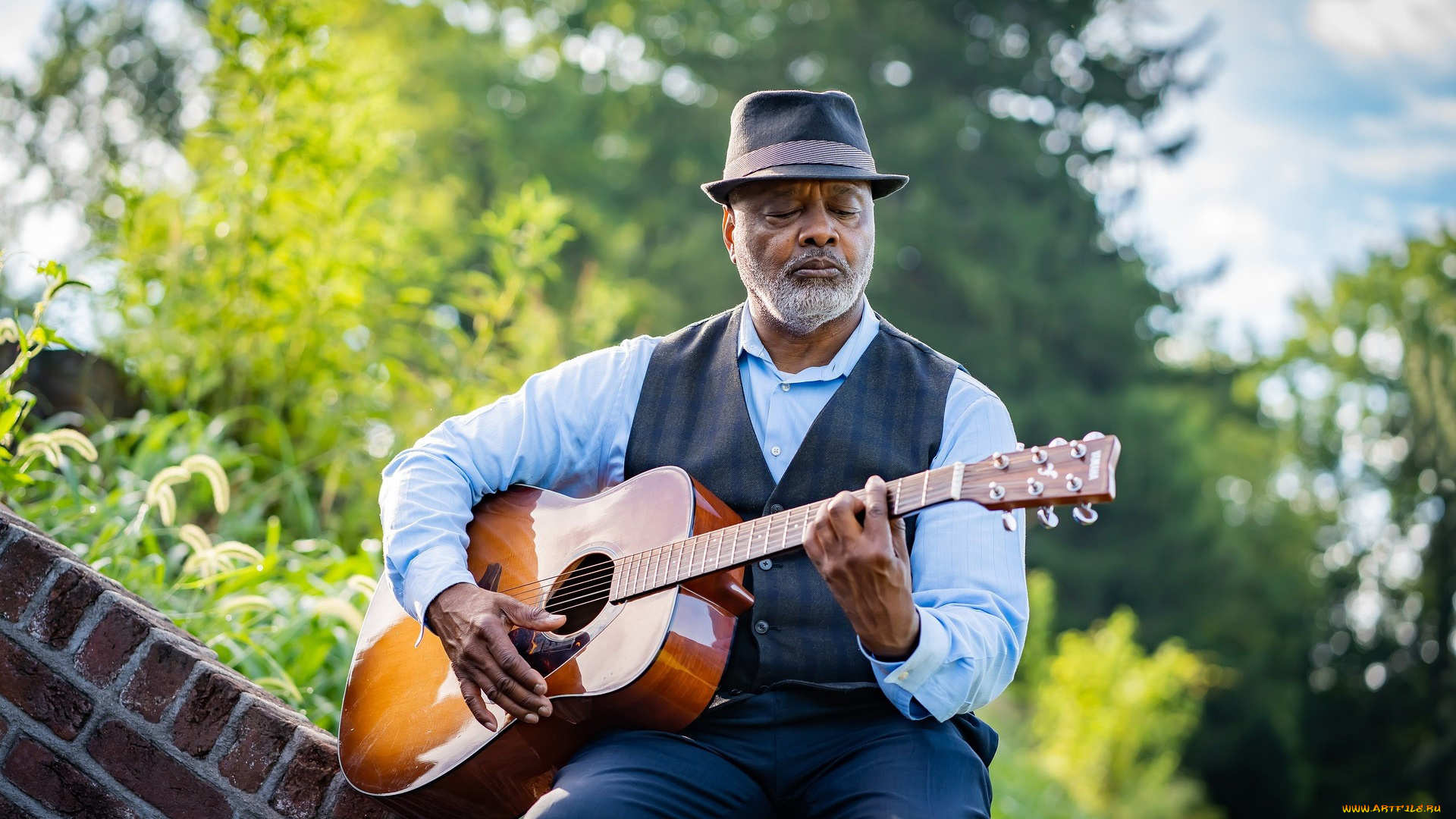 музыка, -другое, пожилой, мужчина, седая, борода, гитара