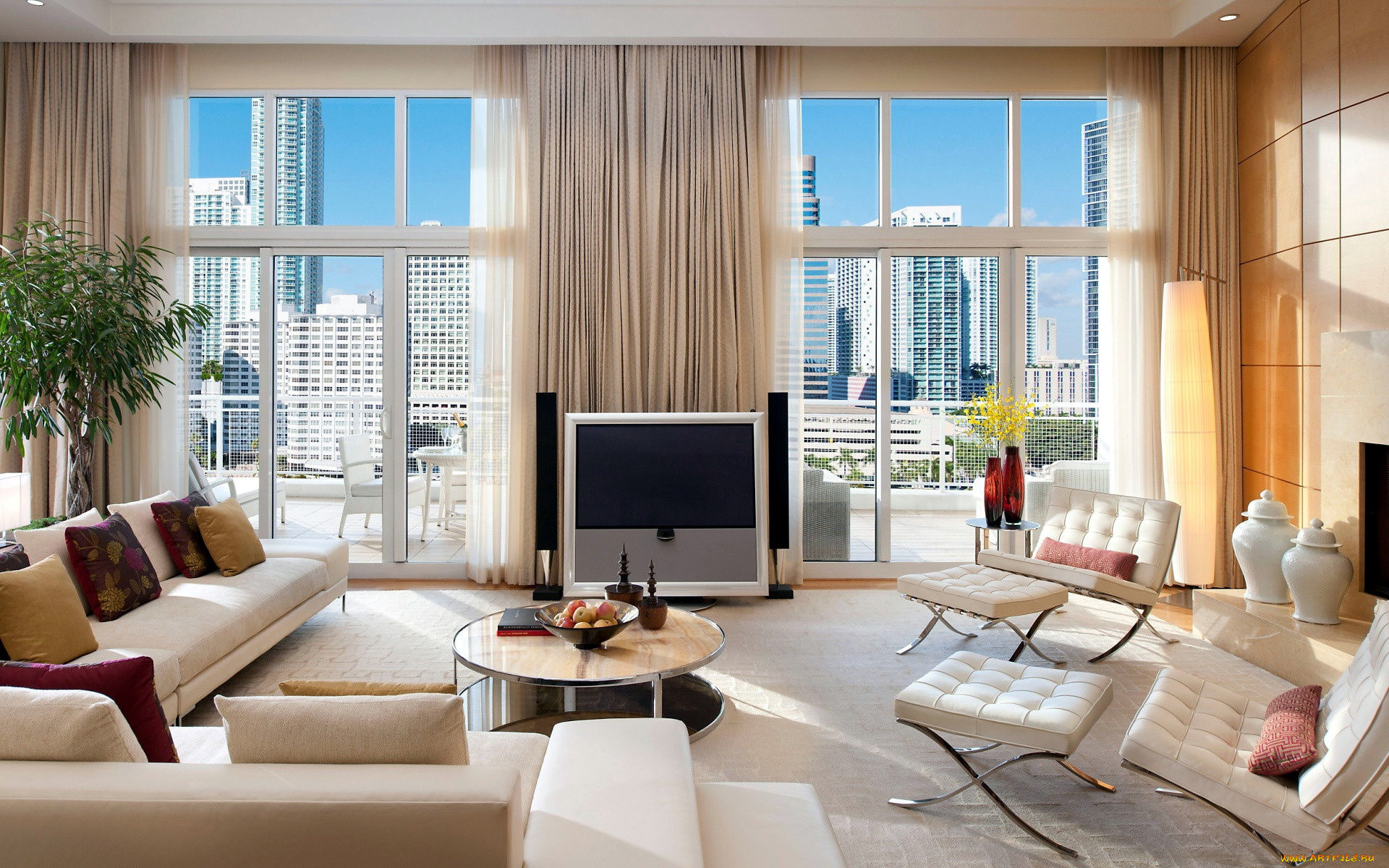 интерьер, гостиная, мягкий, уголок, кресла, столик, вазон